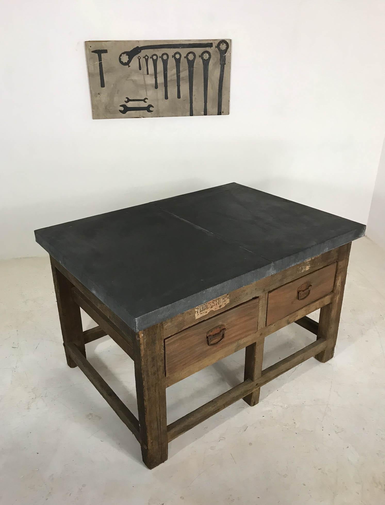 Vintage Industrial Pine Printers Table Zinc Top Kitchen Island Worktable 4