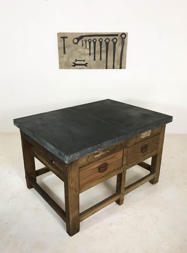 Vintage Industrial Pine Printers Table Zinc Top Kitchen Island