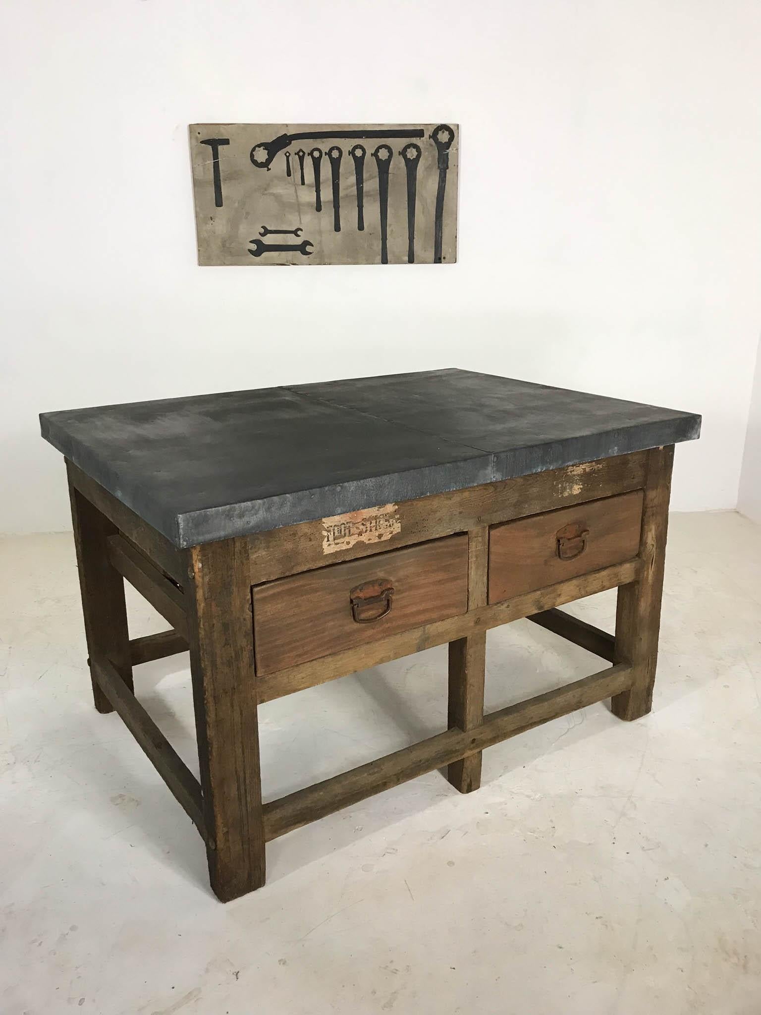English Vintage Industrial Pine Printers Table Zinc Top Kitchen Island Worktable
