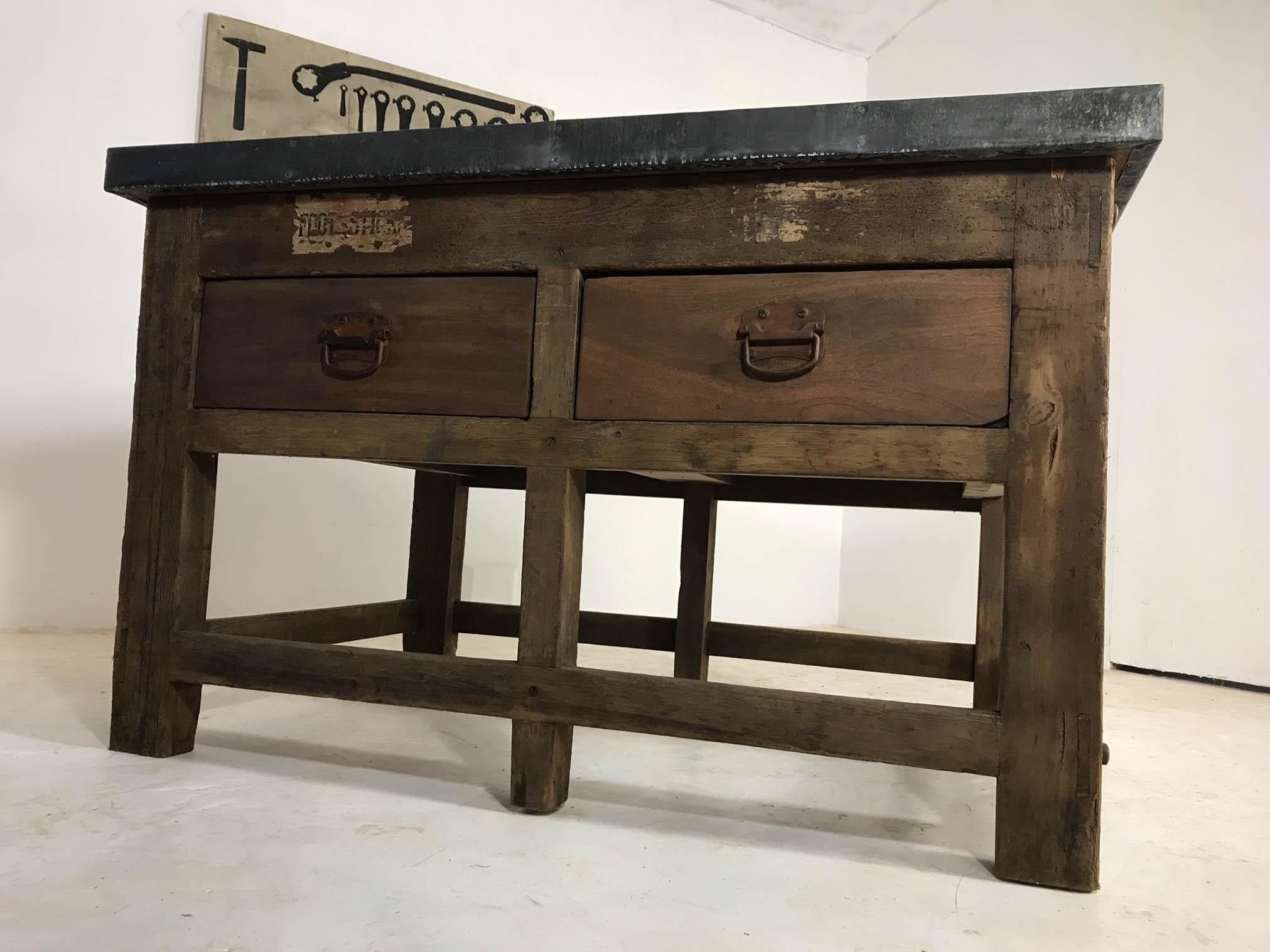 Vintage Industrial Pine Printers Table Zinc Top Kitchen Island Worktable In Good Condition In Culverthorpe, Lincs