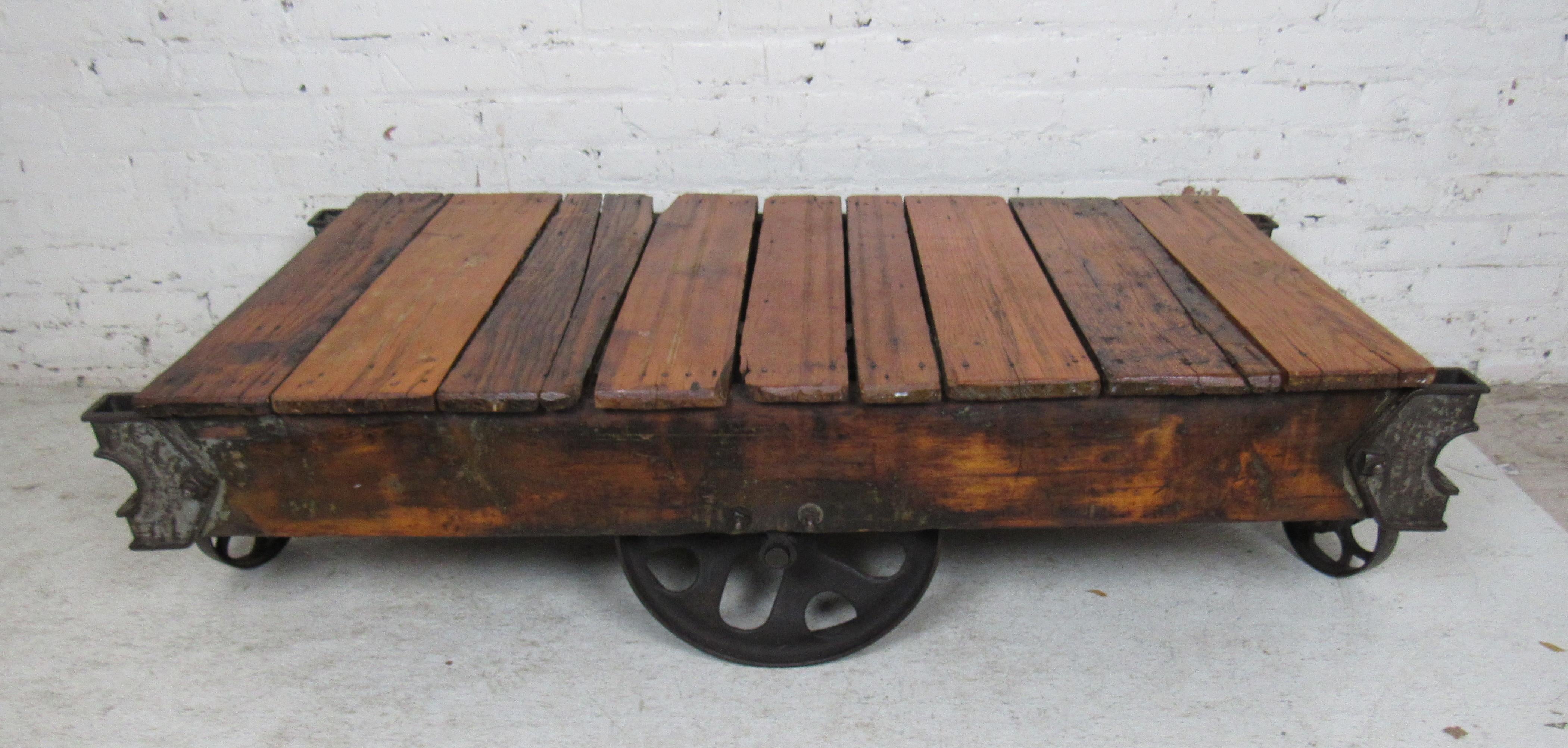 Vintage industrial cart, these carts were used in factories and at railroad stations to haul goods. We now clean them up for your use as a coffee table in the home.

Please confirm item location (NY or NJ).