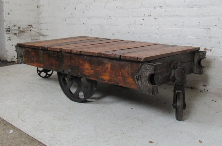 Vintage Industrial Railroad Cart Coffee, Rustic Railroad Cart Coffee Table