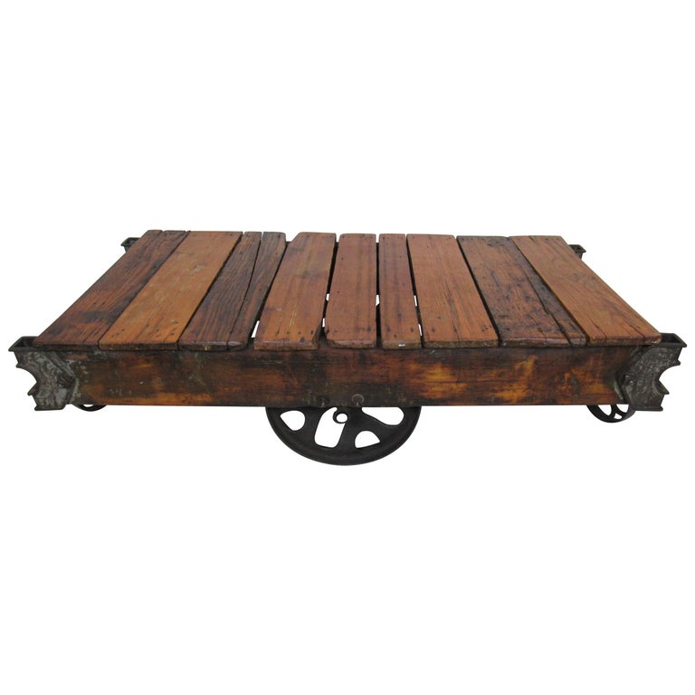 Vintage Industrial Railroad Cart Coffee, Old Wooden Cart Coffee Table