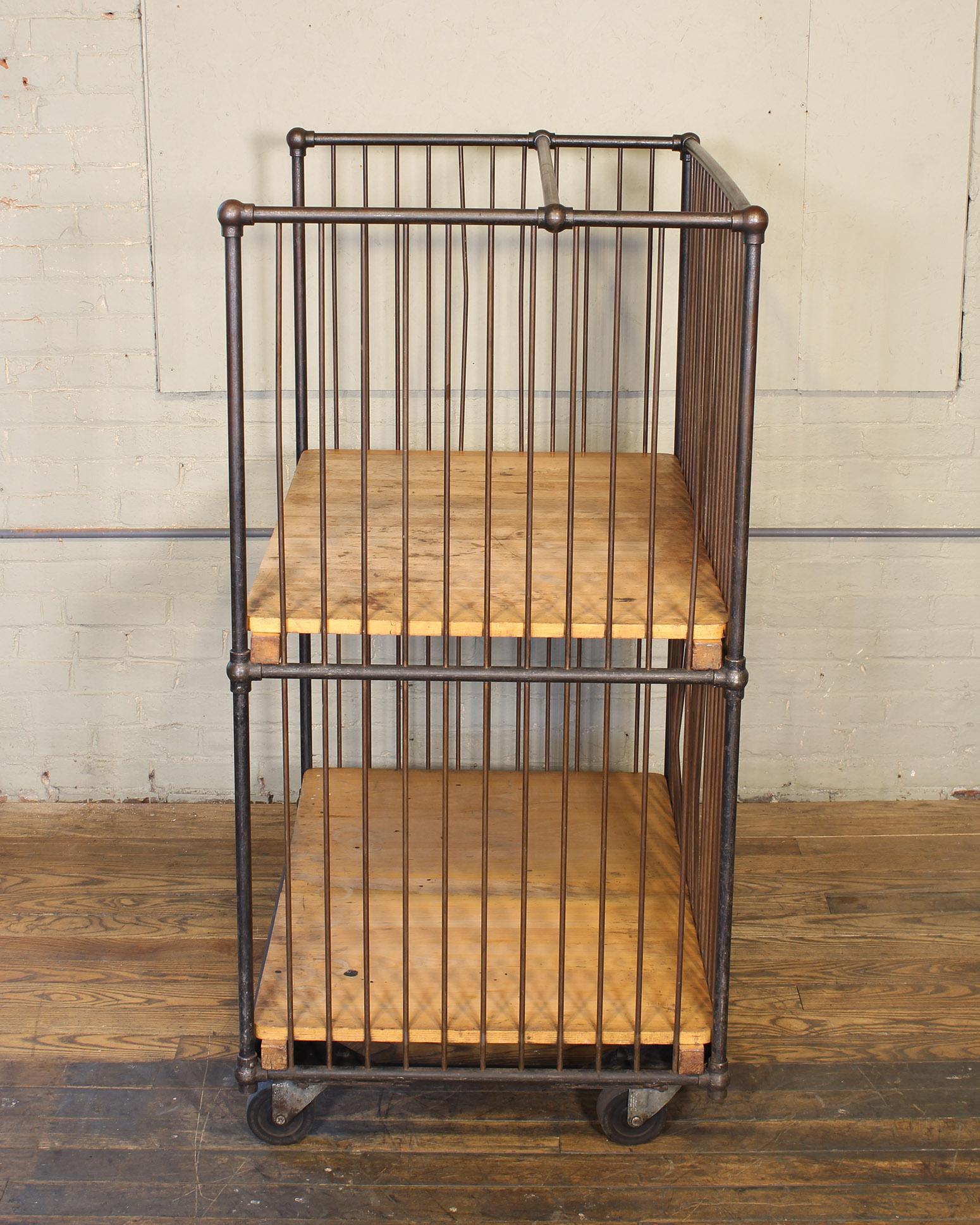Vintage Industrial Rolling Bindery Cart - Wood and Steel Two-Tier  For Sale 6