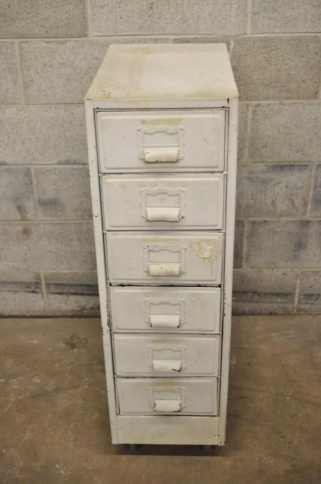 Vintage Industrial Rolling Steel Metal Deep File Cabinet Banker Letter Storage (B). Item features a metal frame, rolling casters, 6 deep drawers, green and white painted finish, weighs approx. 100 pounds. Circa Early 20th Century. Measurements: 40