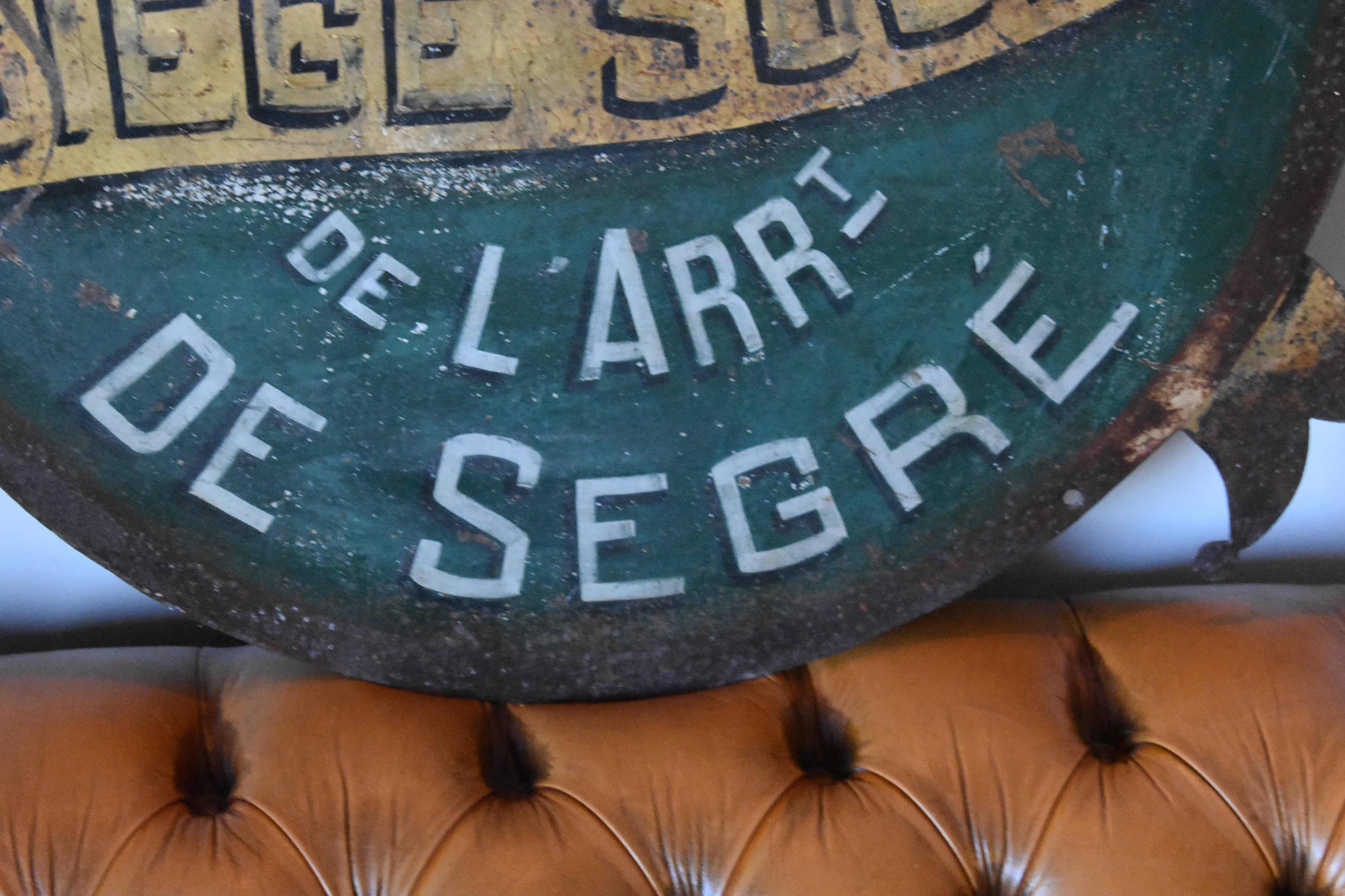 French Vintage Industrial Round Iron Advertising Sign for Mancave Loft or Store For Sale