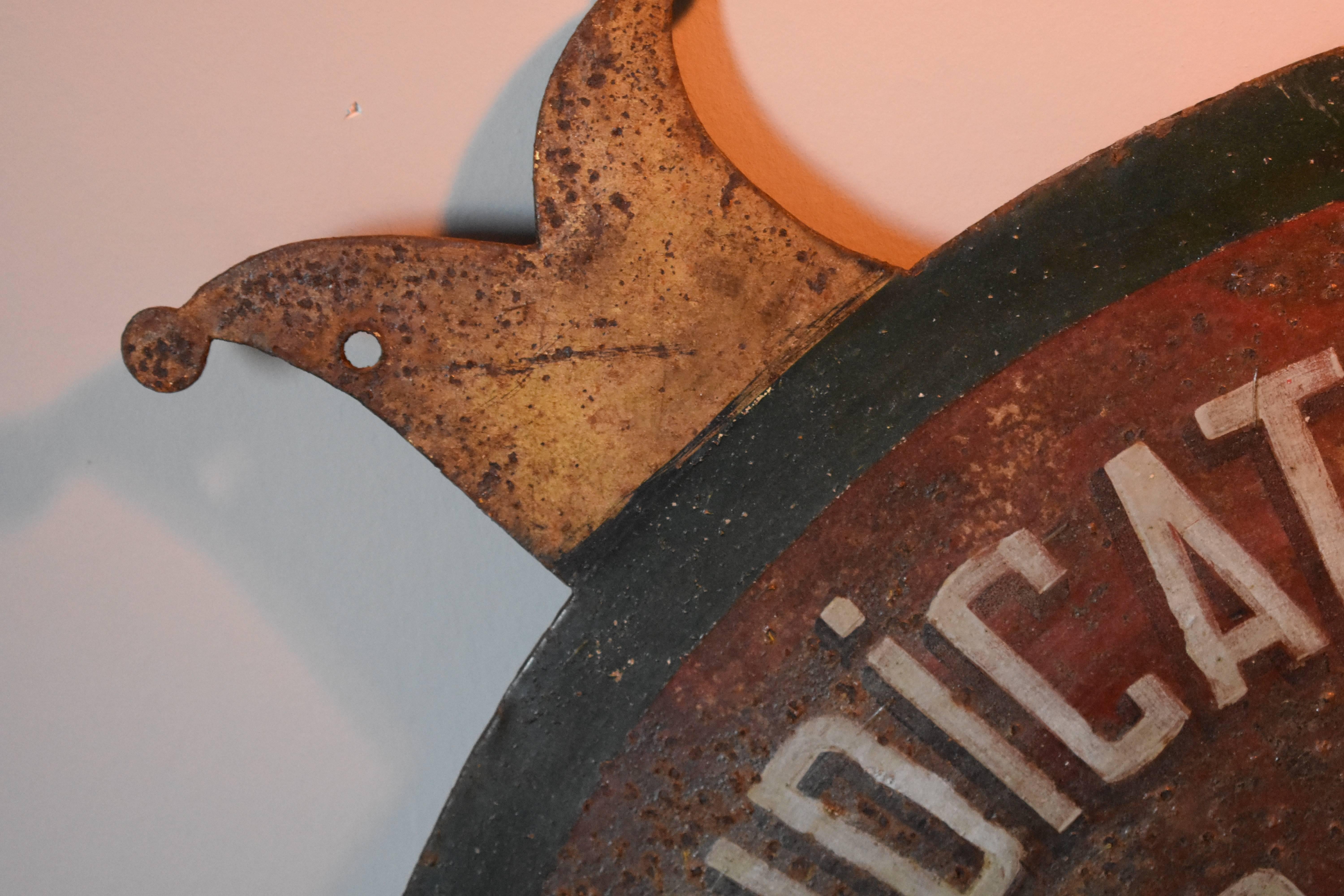 Vintage Industrial Round Iron Advertising Sign for Mancave Loft or Store In Good Condition For Sale In Amsterdam, NL