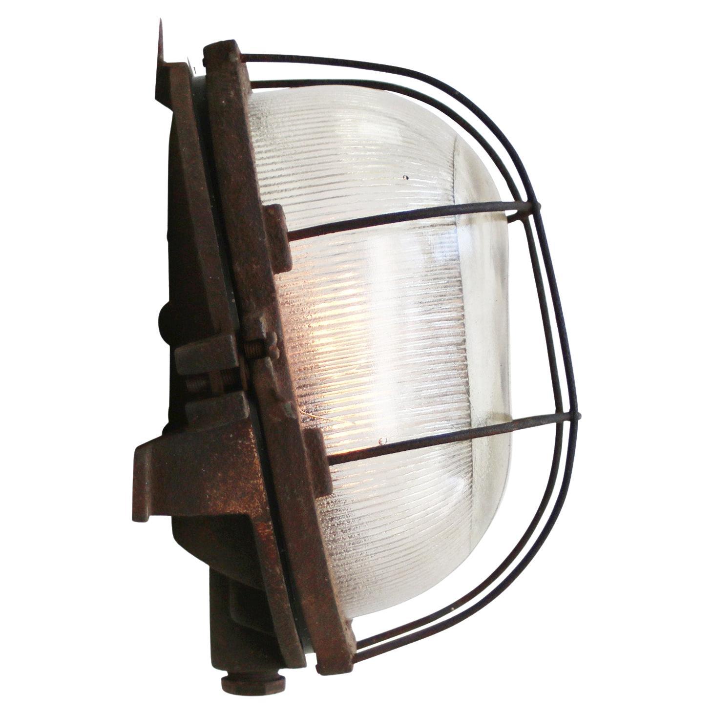Vintage Industrial Rust Cast Iron Striped Clear Glass Sconce Wall Light For Sale