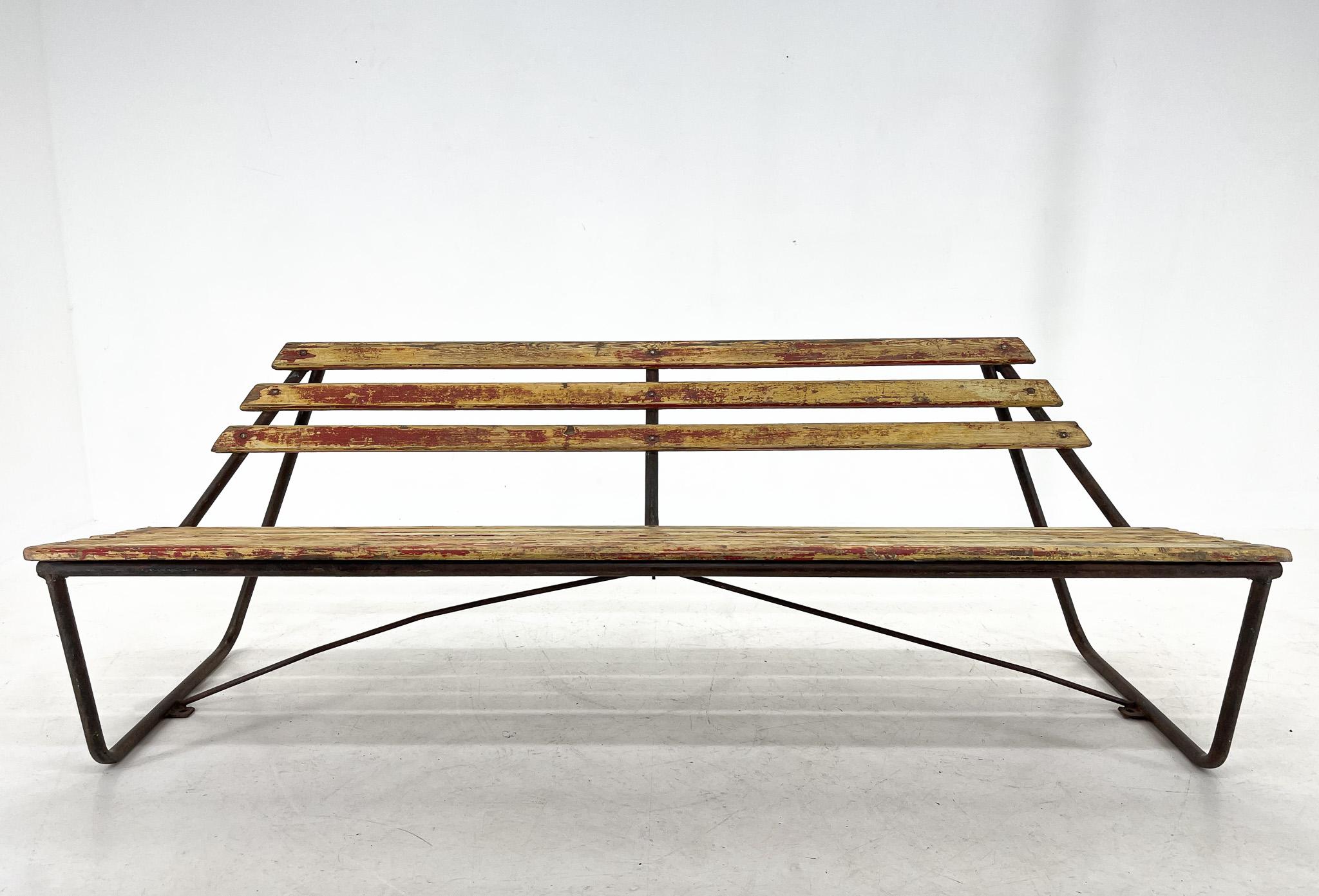 Czech Vintage Industrial Slatted Bench with Original Patina For Sale
