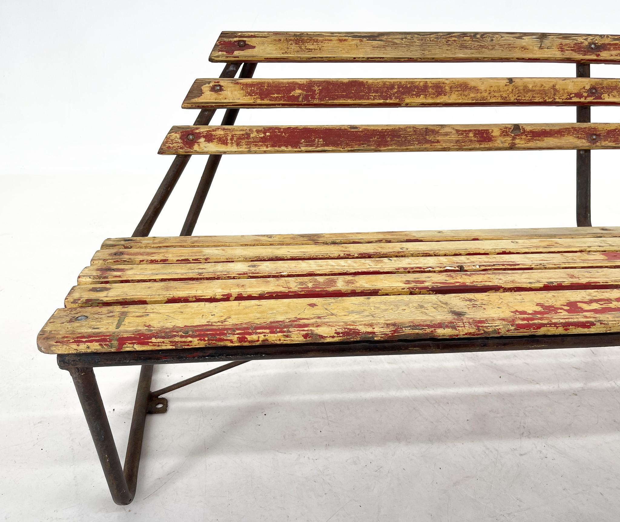 Mid-20th Century Vintage Industrial Slatted Bench with Original Patina For Sale