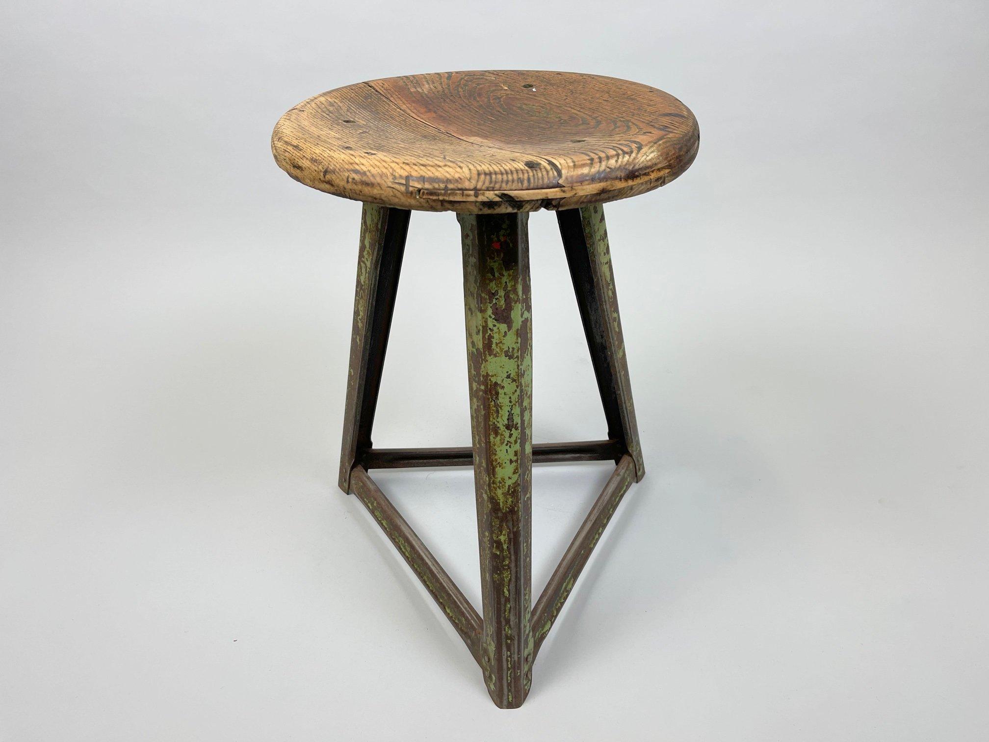 Czech Vintage Industrial Steel and Wood Stool, 1950's