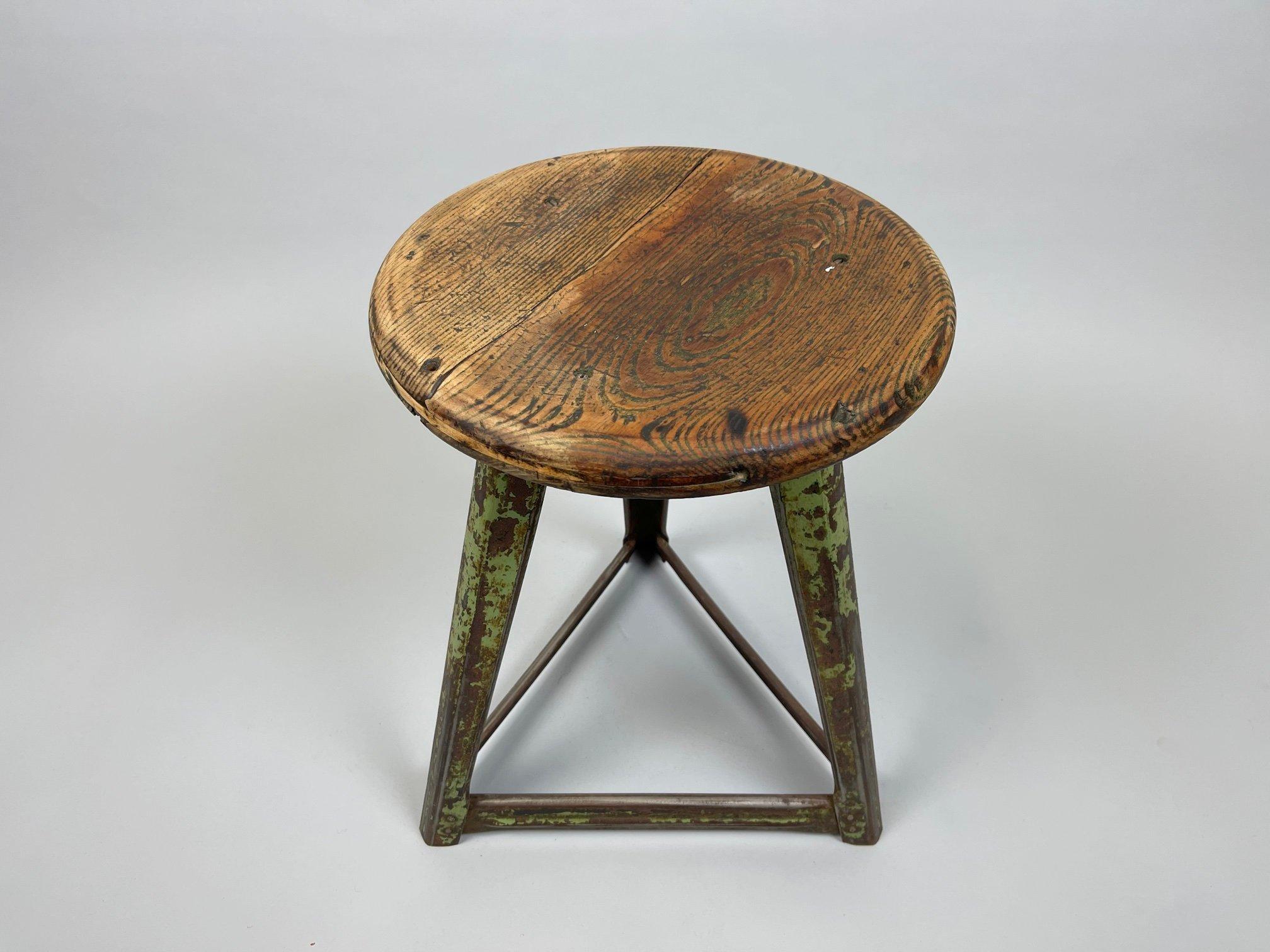 Vintage Industrial Steel and Wood Stool, 1950's In Good Condition In Praha, CZ