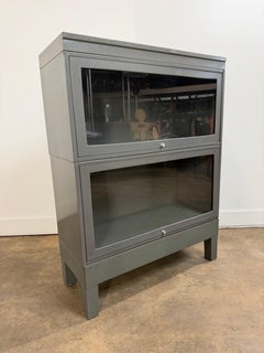 Vintage Industrial Steel Barrister Bookcase with Glass Lift-Up Doors