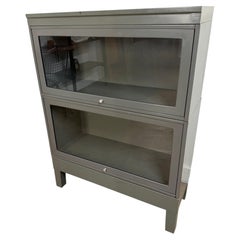 Vintage Industrial Steel Barrister Bookcase with Glass Lift-Up Doors