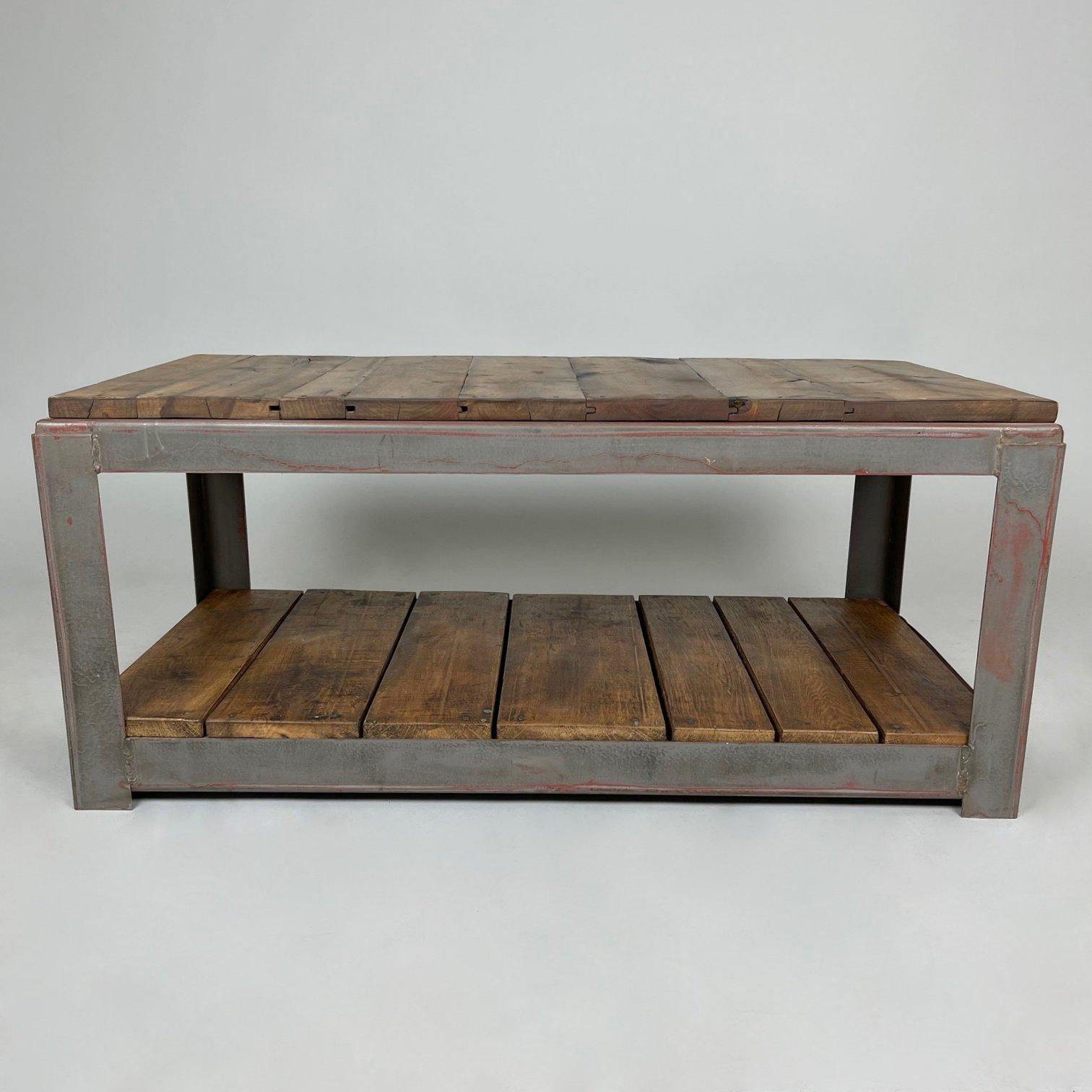 Vintage Industrial coffee table made of steel and wood. Saved from a yarn factory in former Czechoslovakia. Everything has been thoroughly cleaned. The wooden planks have been sanded and treated with a special oil.
This piece will add that now so