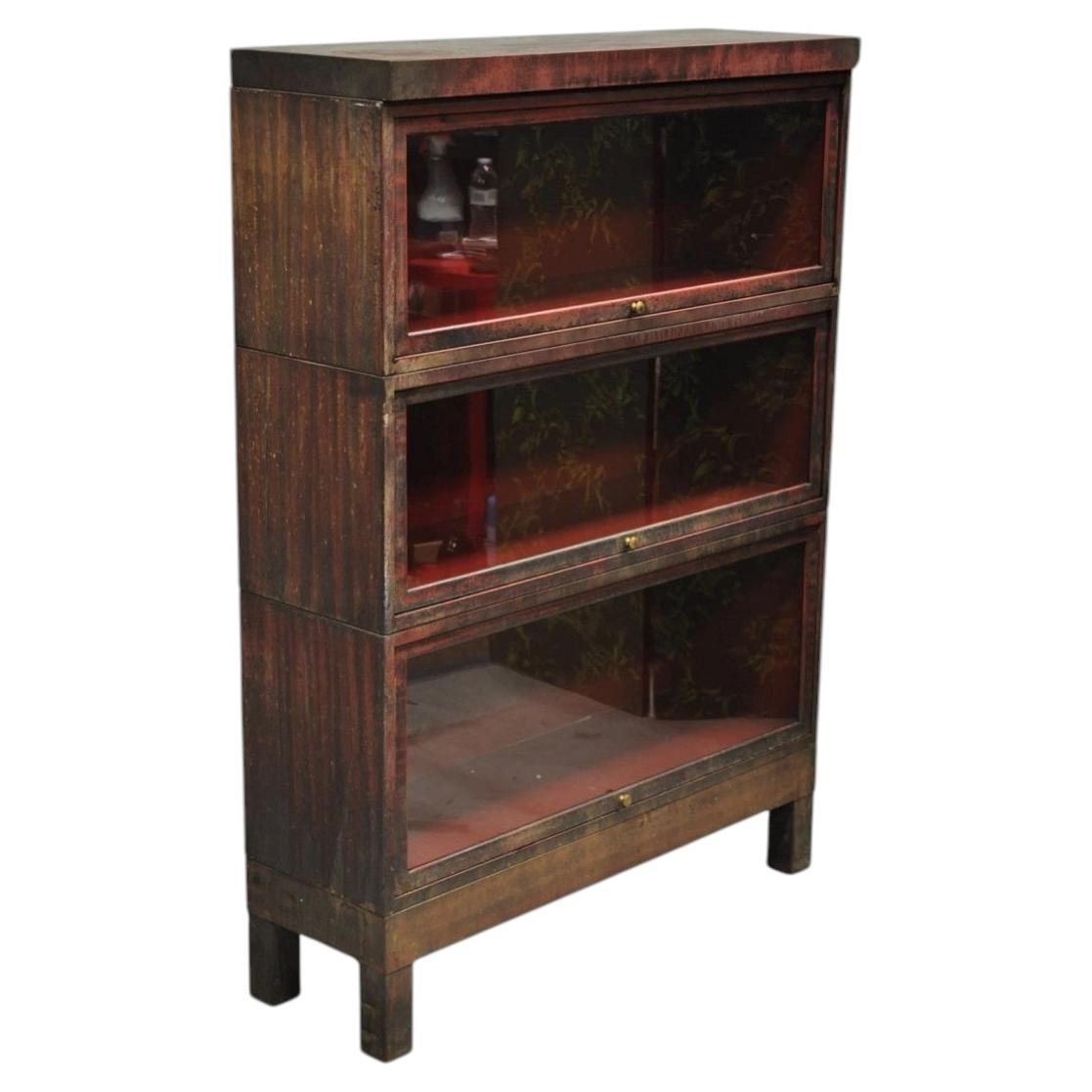 Vintage Industrial Steel Metal Faux Woodgrain Painted Stack Barrister Bookcase