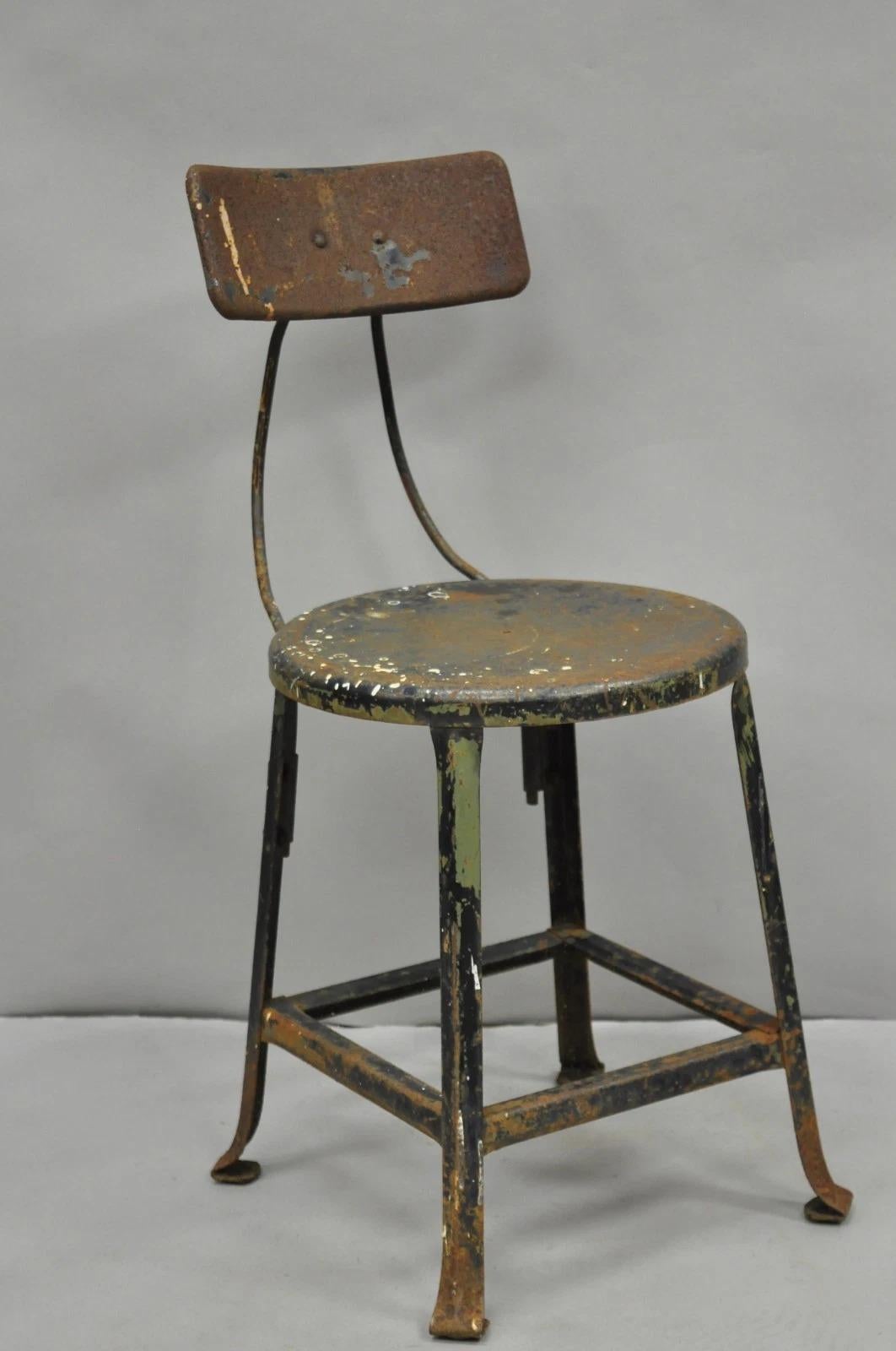 Vintage Industrial Steel Metal Rusty Distressed Garage Work Stool Chair For Sale 9