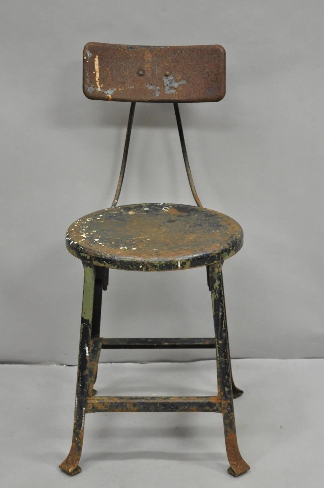 Vintage Industrial Steel Metal Rusty Distressed Garage Work Stool Chair. Circa Mid 20th Century. Measurements: 30