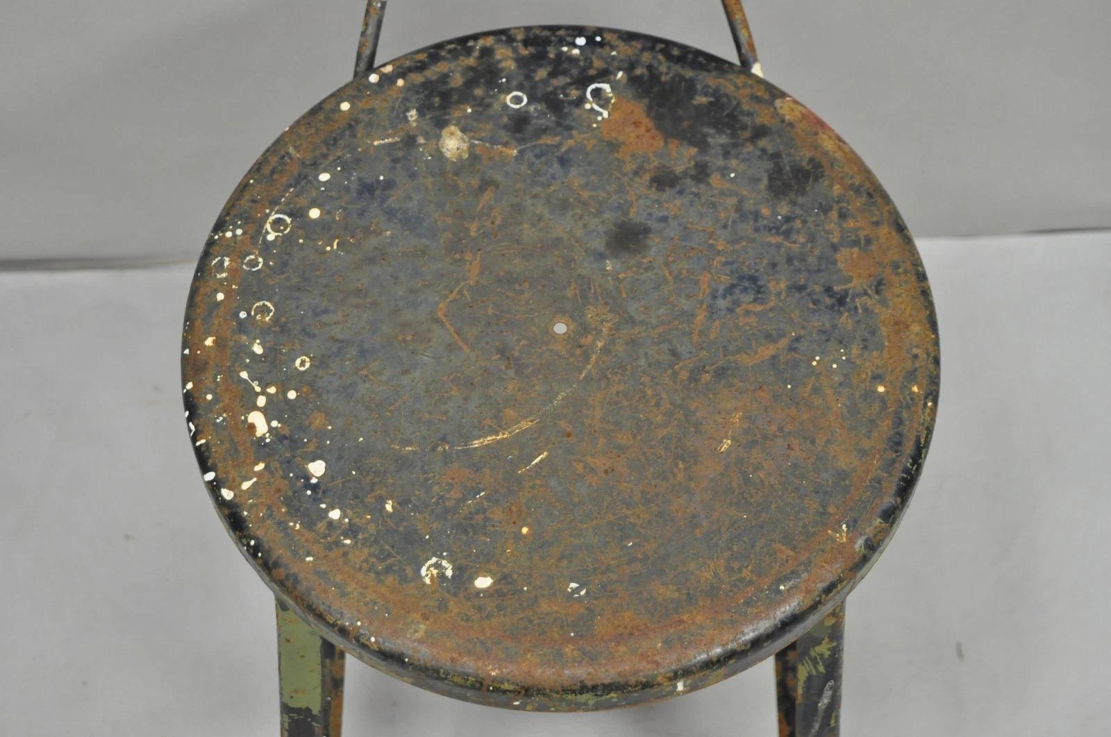 20th Century Vintage Industrial Steel Metal Rusty Distressed Garage Work Stool Chair For Sale