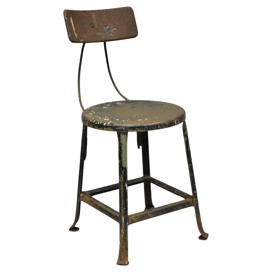 Vintage Industrial Steel Metal Rusty Distressed Garage Work Stool Chair For Sale