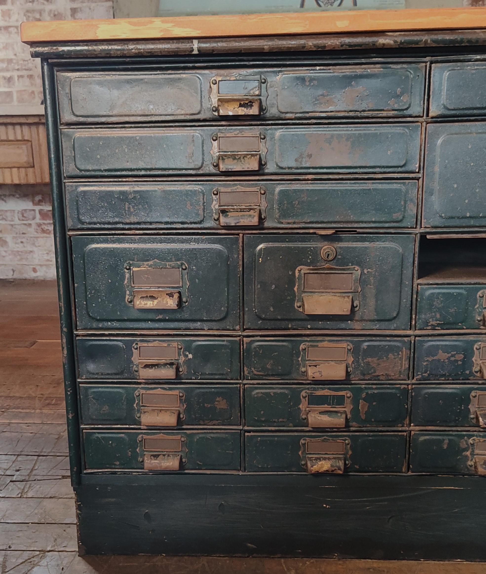 Vintage Industrial Steel & Pine Multi-Drawer Cabinet 1