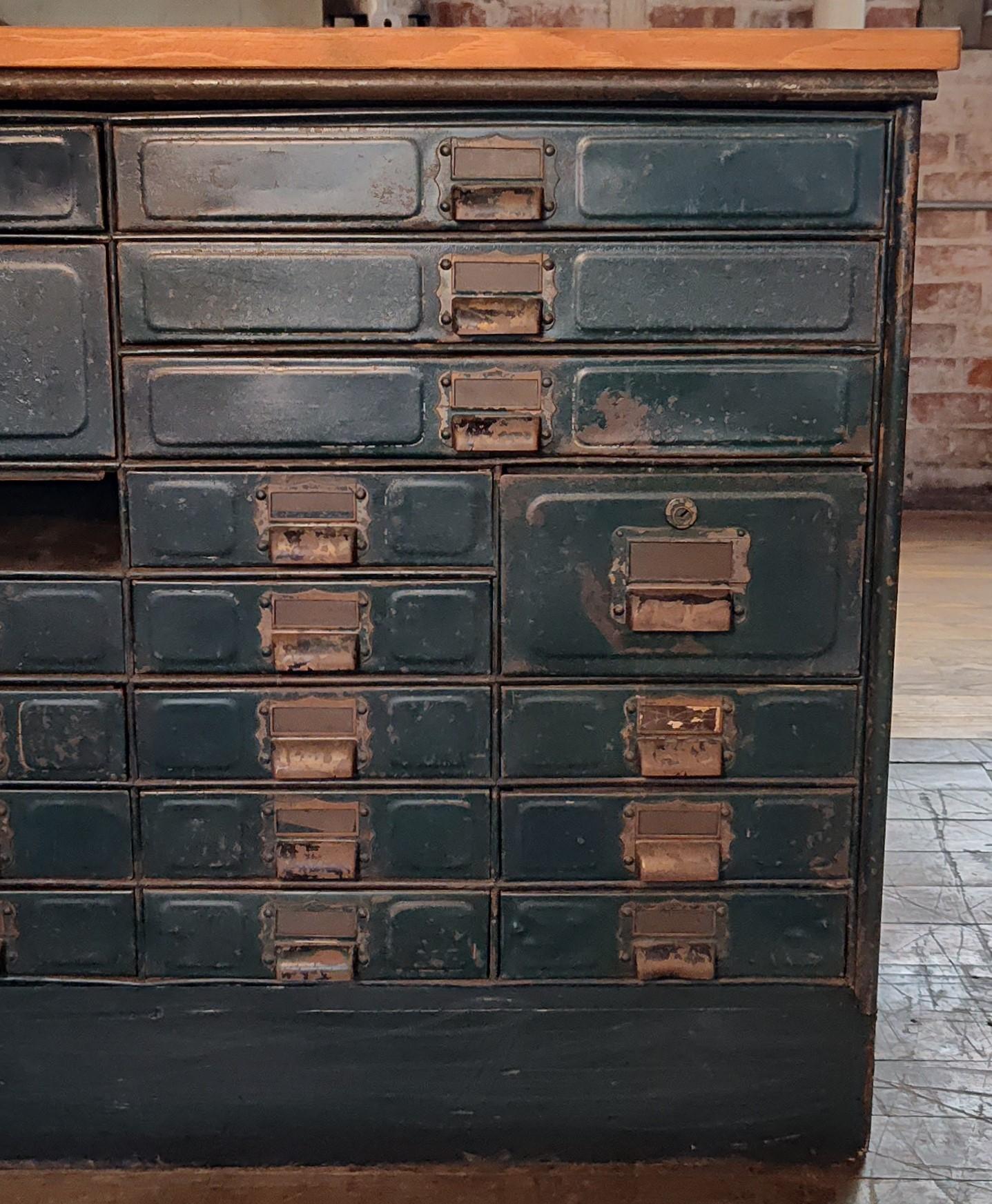 Vintage Industrial Steel & Pine Multi-Drawer Cabinet 3