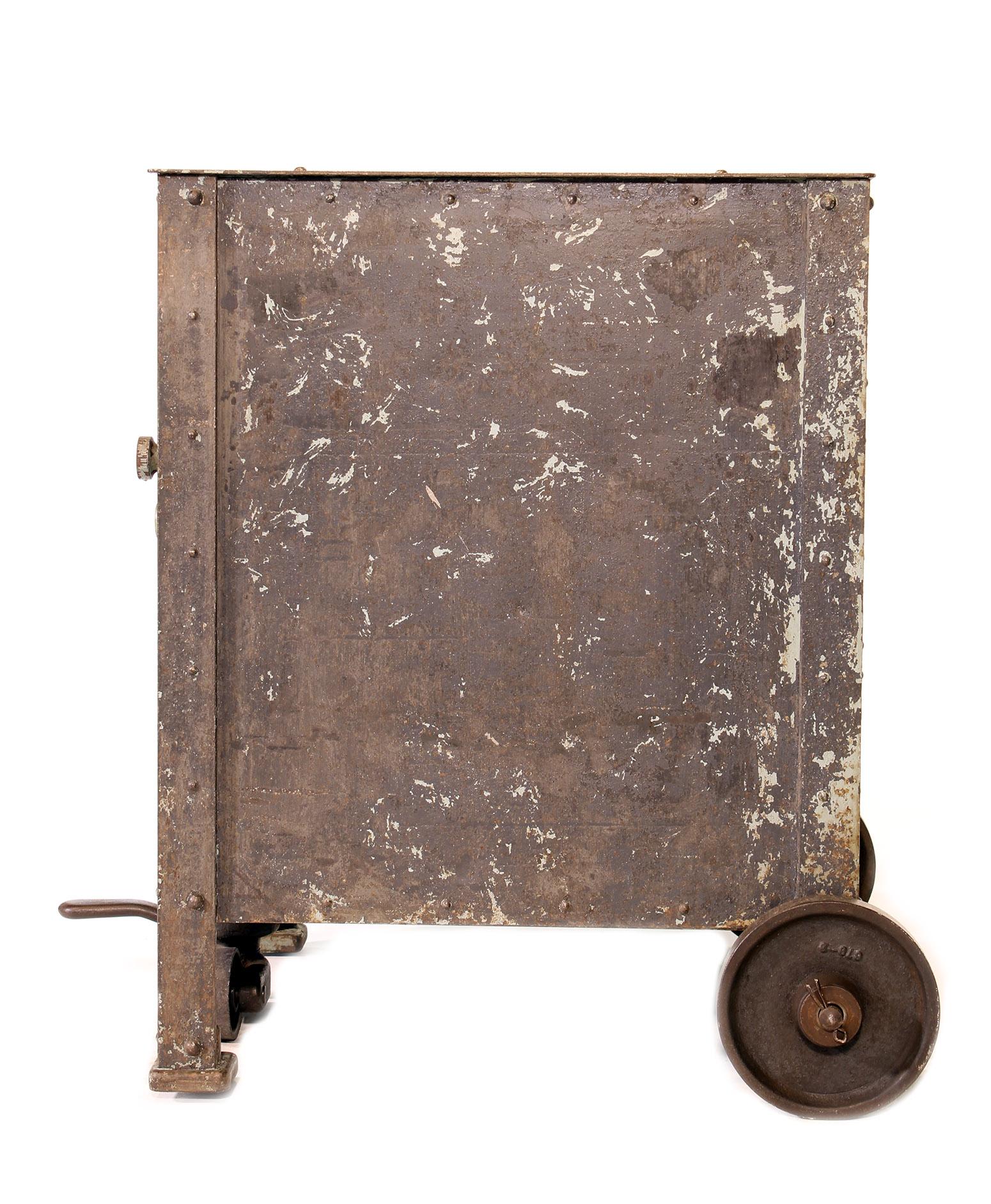 Vintage Industrial Steel Textile Machine Works Riveted Rolling Cabinet 2 of 2 In Distressed Condition In Oakville, CT