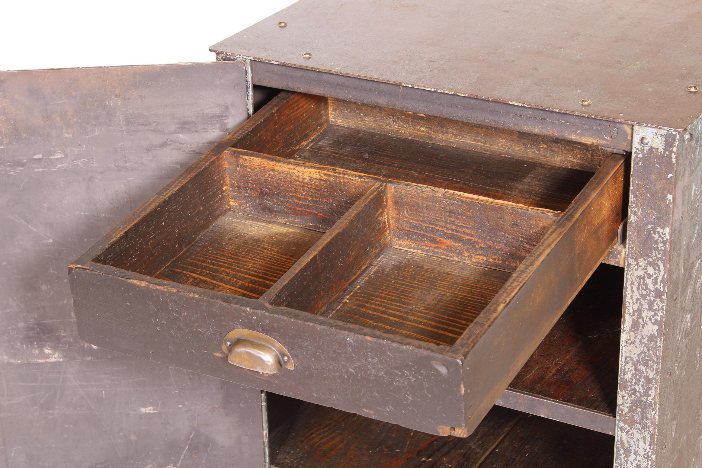 Vintage Industrial Steel Textile Machine Works Riveted Rolling Cabinet 2 of 2 1