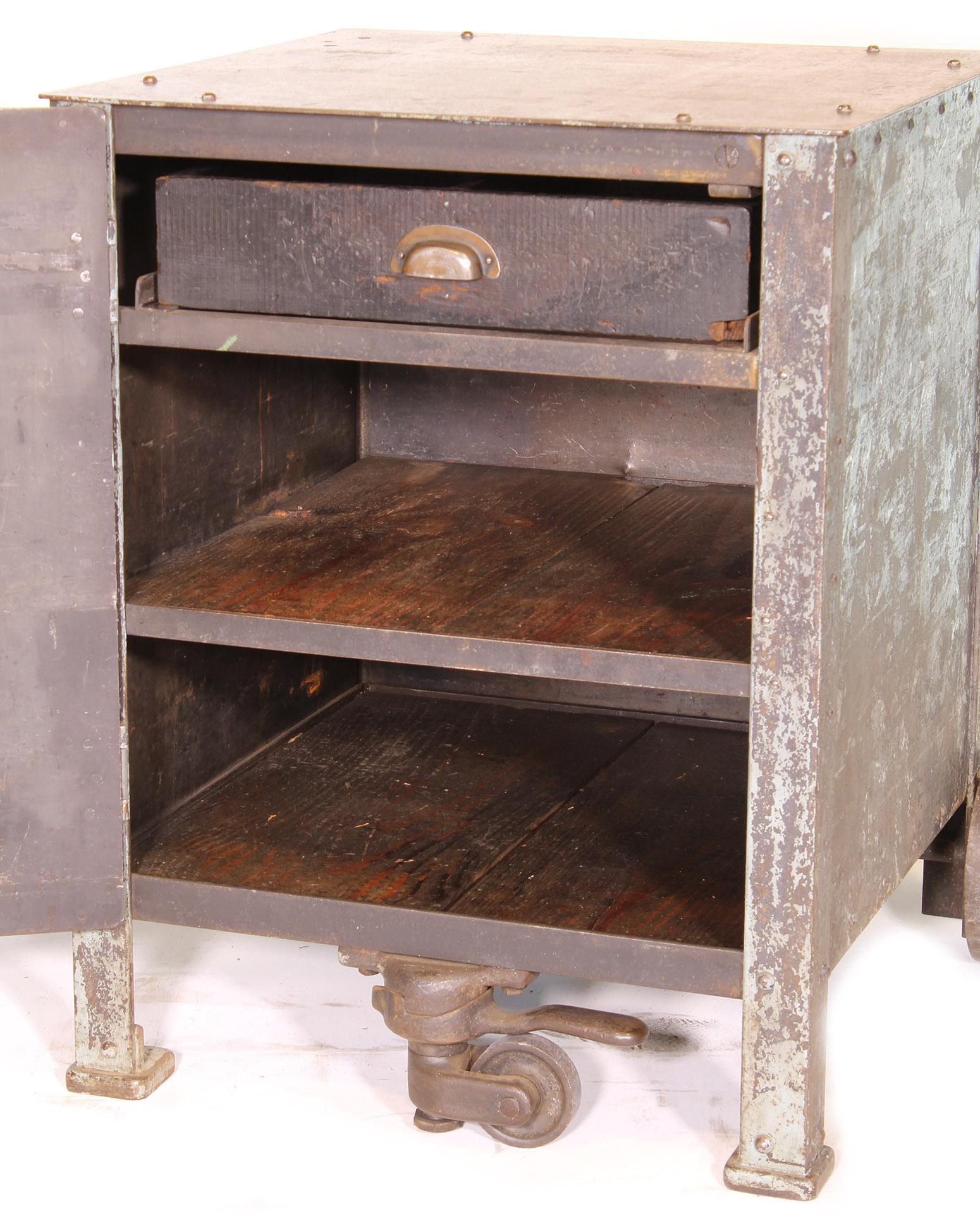 Vintage Industrial Steel Textile Machine Works Riveted Rolling Cabinet 2 of 2 2