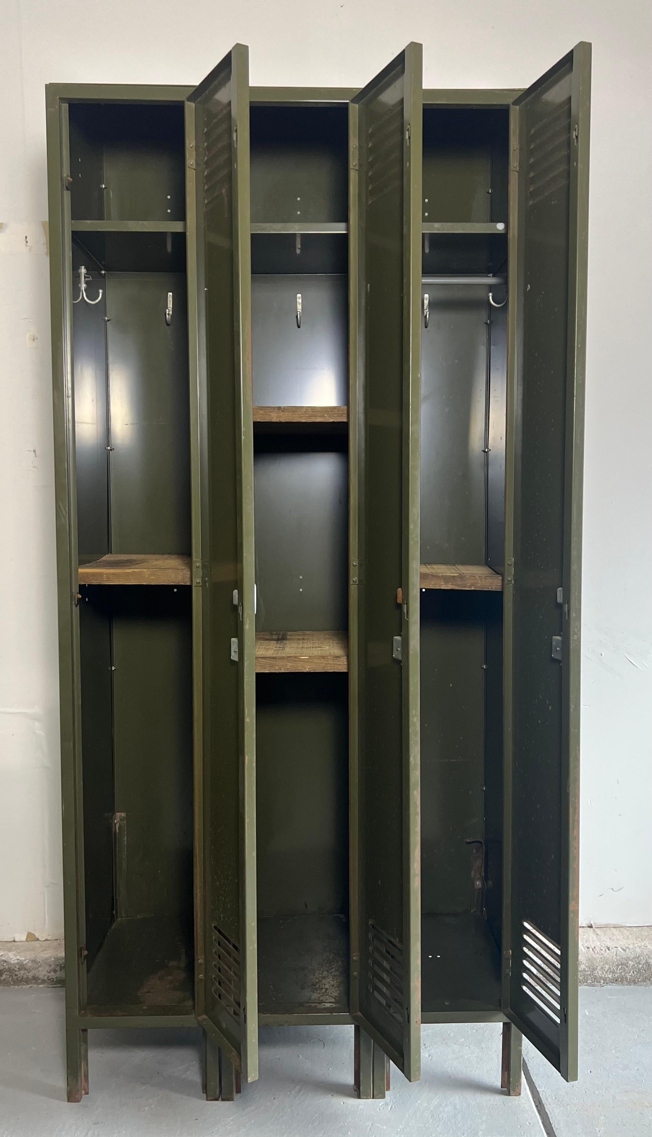 Vintage Industrial Steel Three Door Locker with Shelves and Slope Top by Lyon In Good Condition For Sale In Doylestown, PA