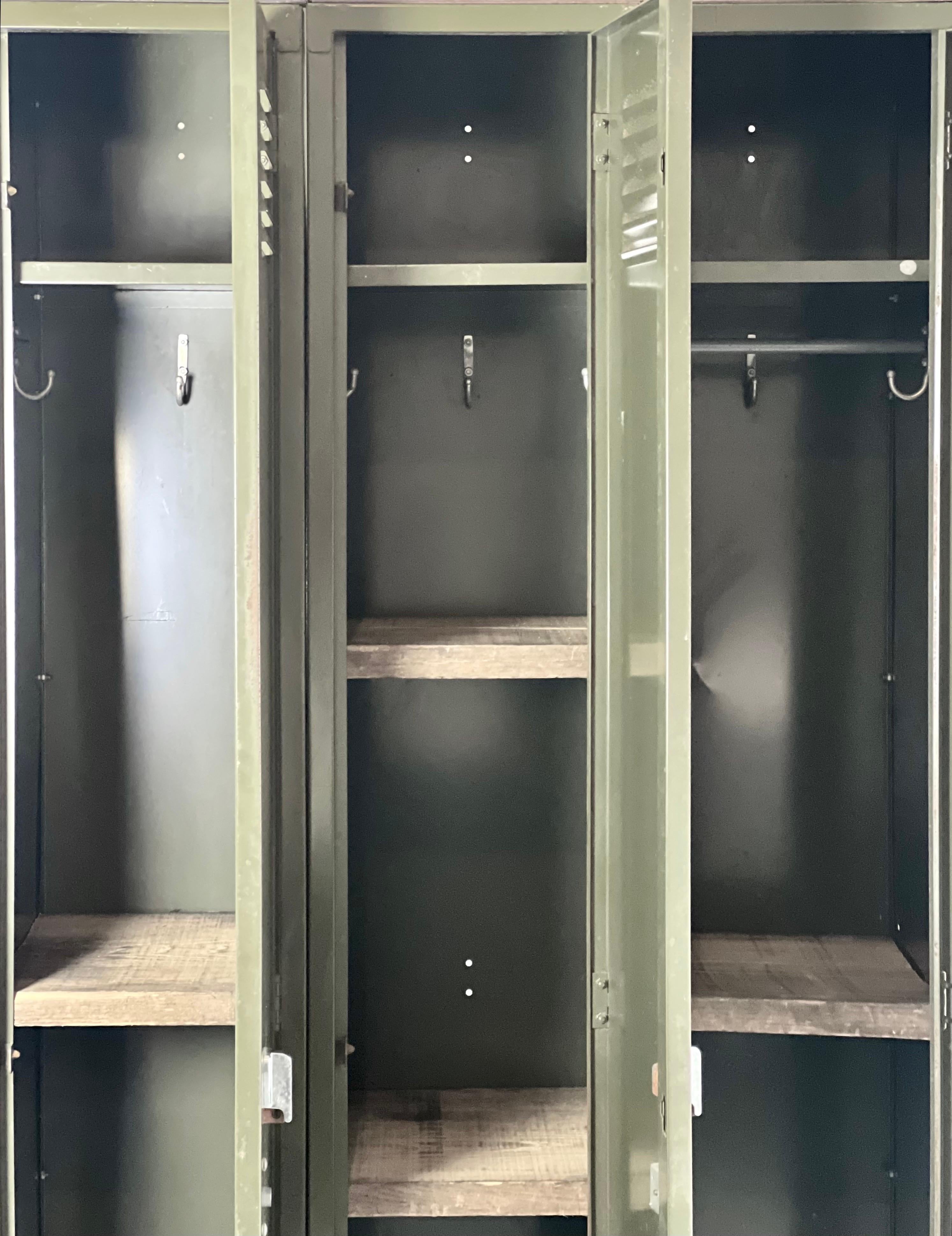 Mid-20th Century Vintage Industrial Steel Three Door Locker with Shelves and Slope Top by Lyon For Sale