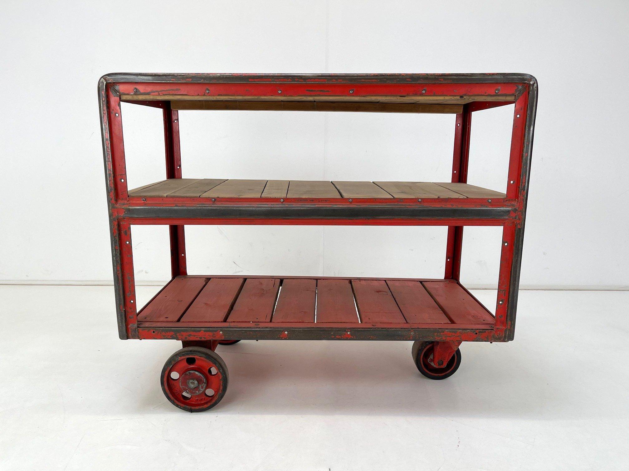 Czech Vintage Industrial Steel & Wood Cart