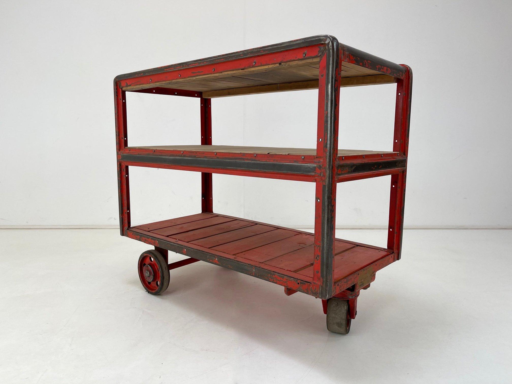 20th Century Vintage Industrial Steel & Wood Cart