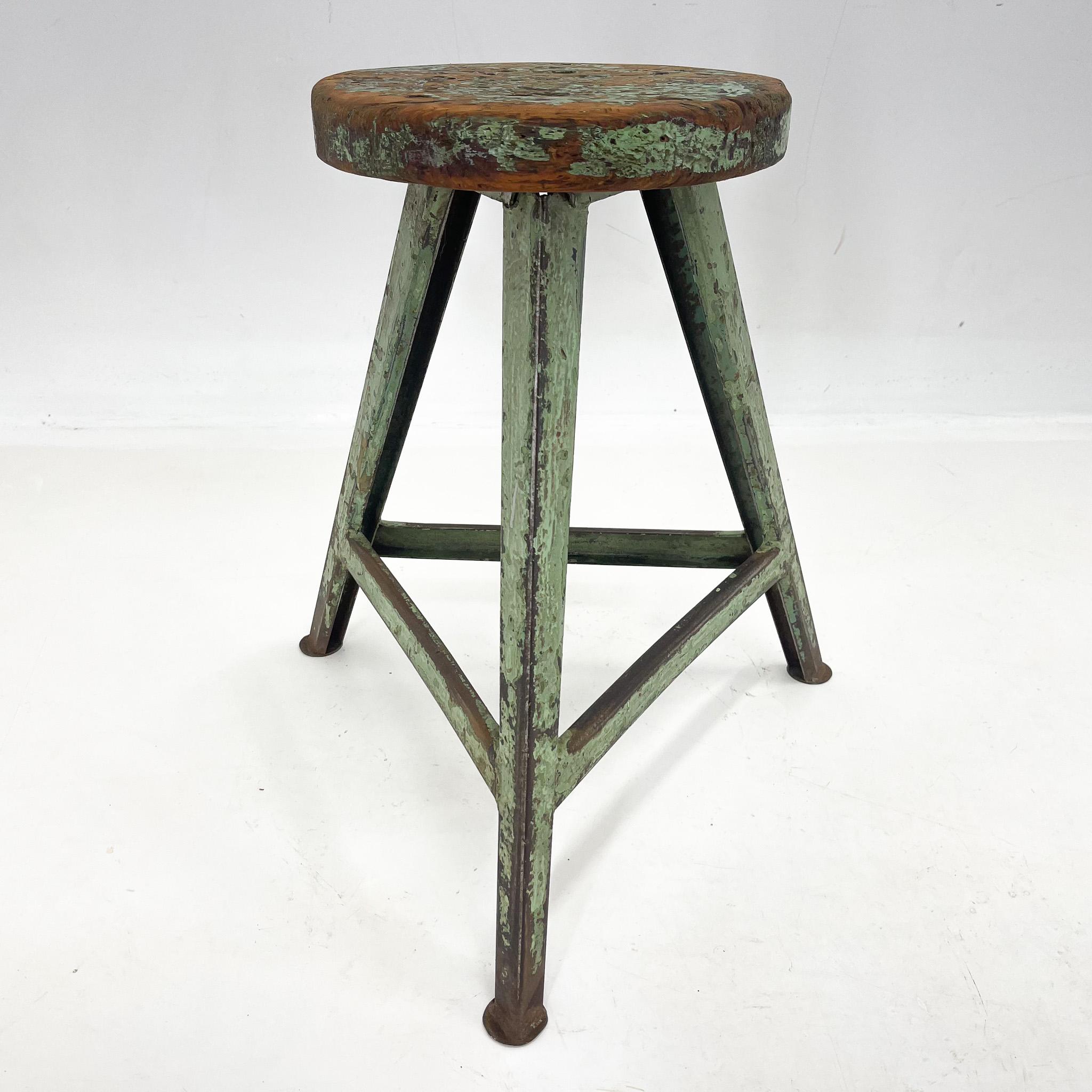 Czech Vintage Industrial Steel & Wood Tripod Stool with Original Patina, 1950s