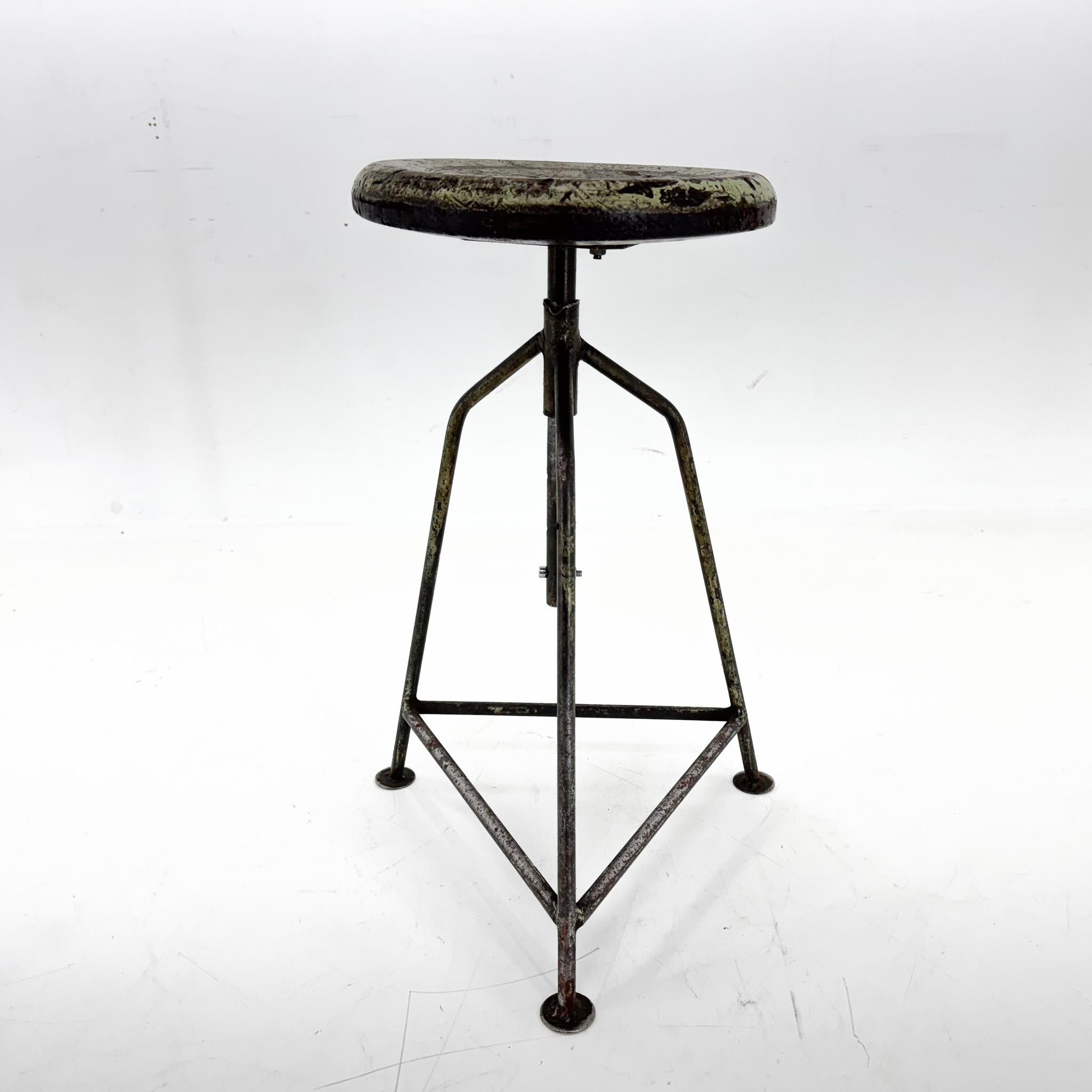 Czech Vintage Industrial Steel & Wood Tripod Stool with Original Patina, 1950's For Sale
