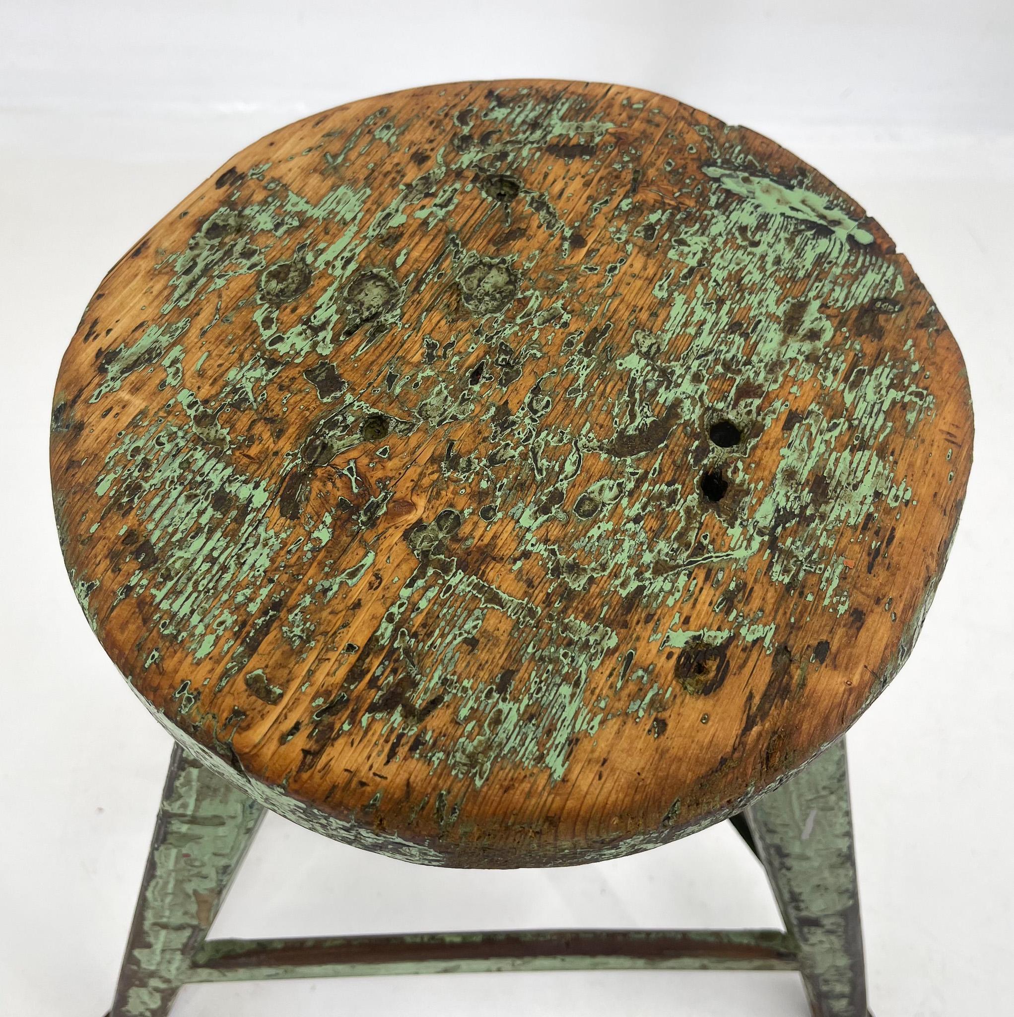 20th Century Vintage Industrial Steel & Wood Tripod Stool with Original Patina, 1950s