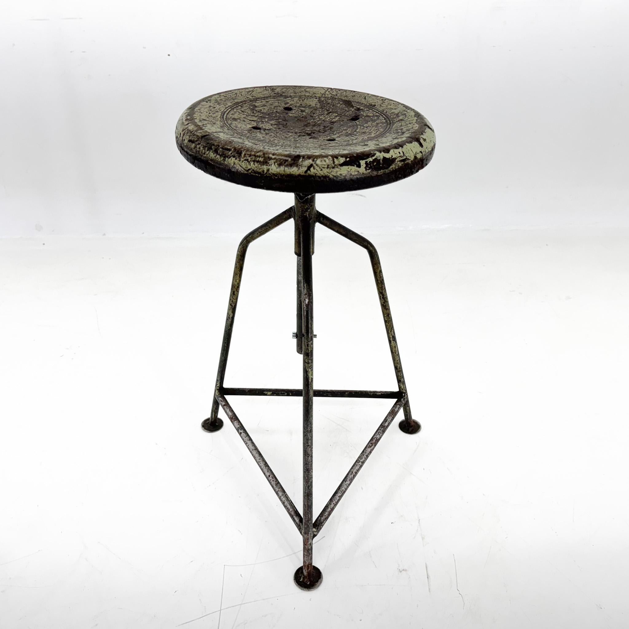 20th Century Vintage Industrial Steel & Wood Tripod Stool with Original Patina, 1950's For Sale