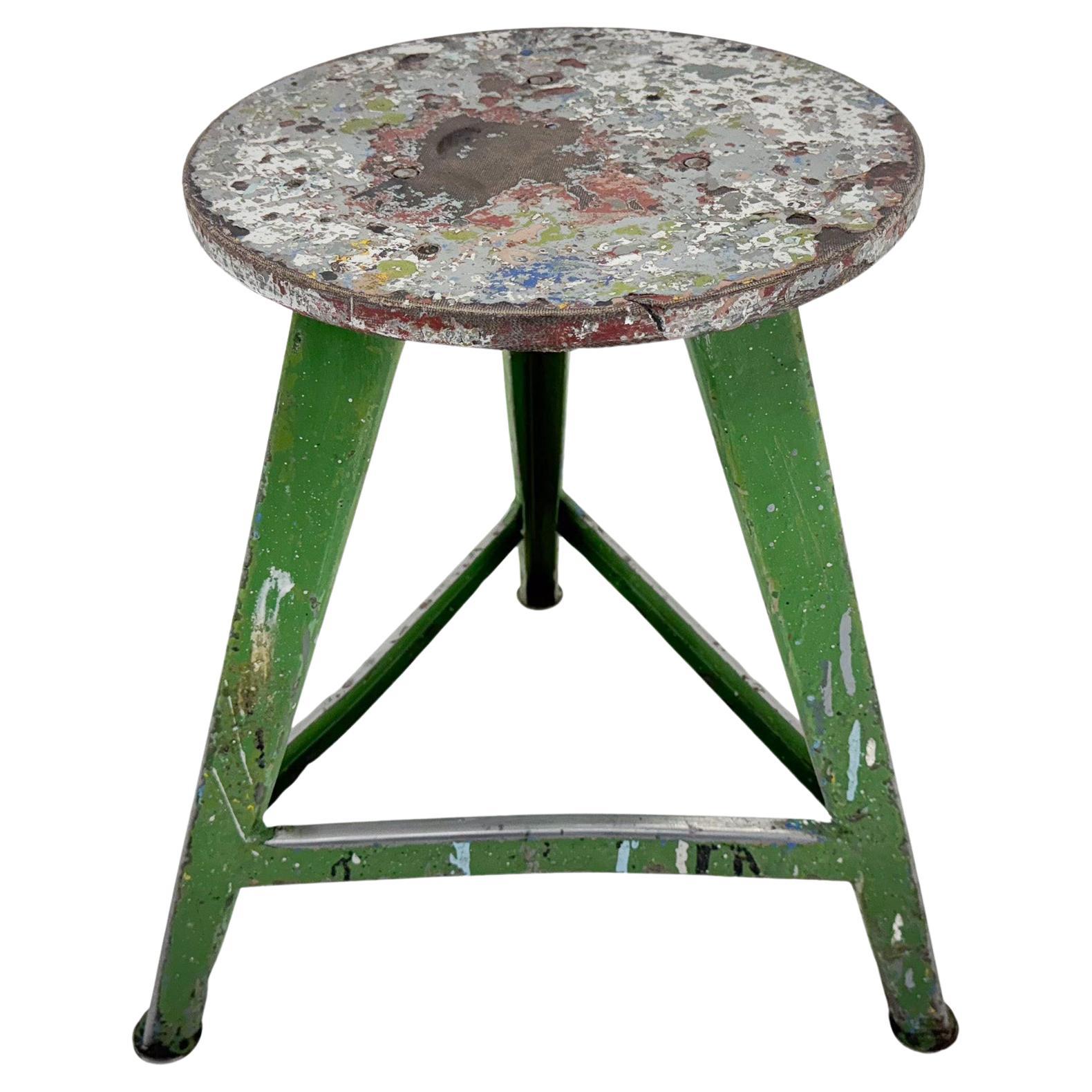 Vintage Industrial Steel & Wood Tripod Stool with Original Patina, 1950's For Sale