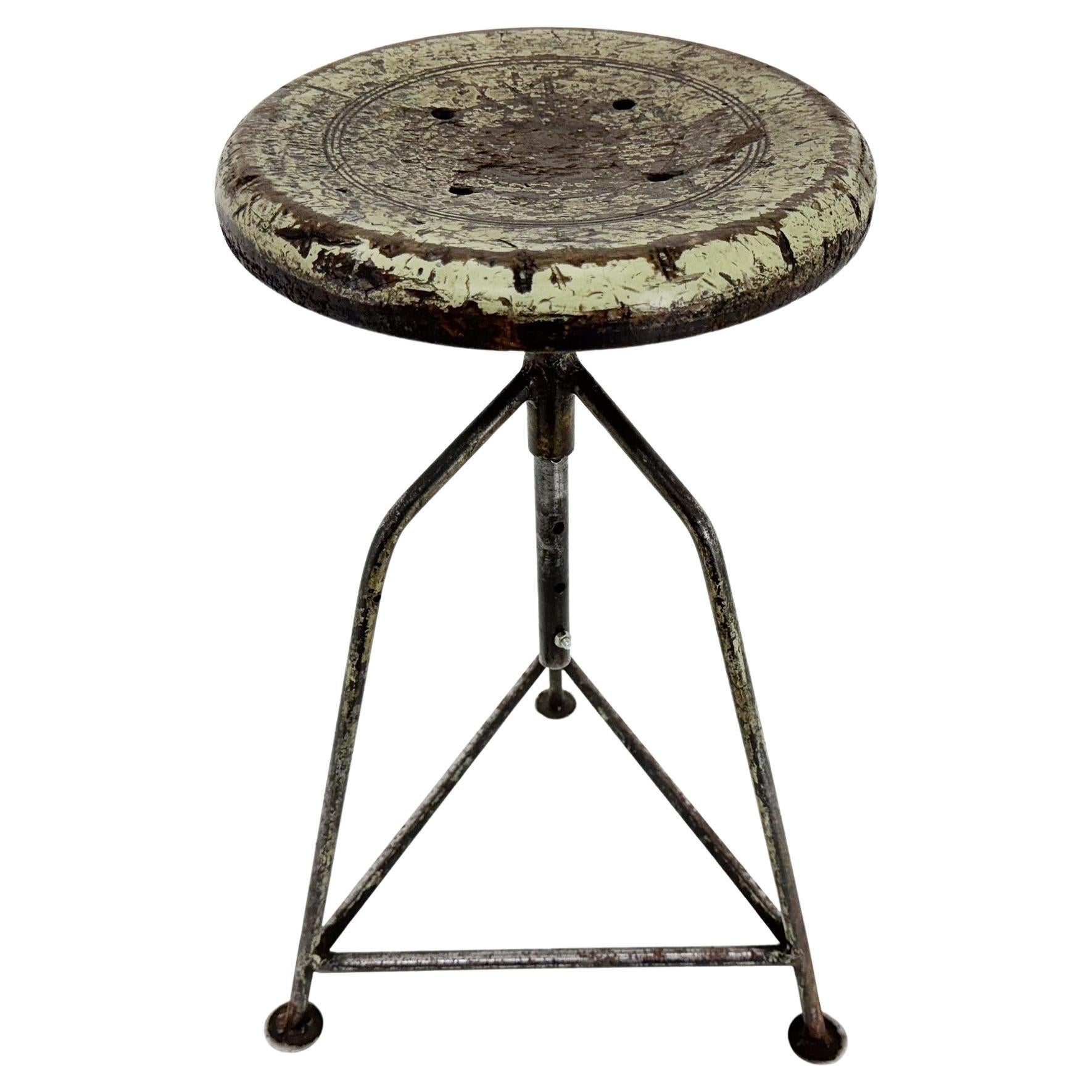 Vintage Industrial Steel & Wood Tripod Stool with Original Patina, 1950's For Sale
