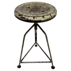 Vintage Industrial Steel & Wood Tripod Stool with Original Patina, 1950's