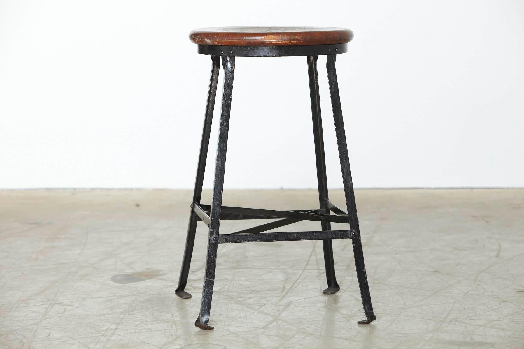 American Vintage Industrial Stool with Steel Frame and Oak Seat, circa 1940s