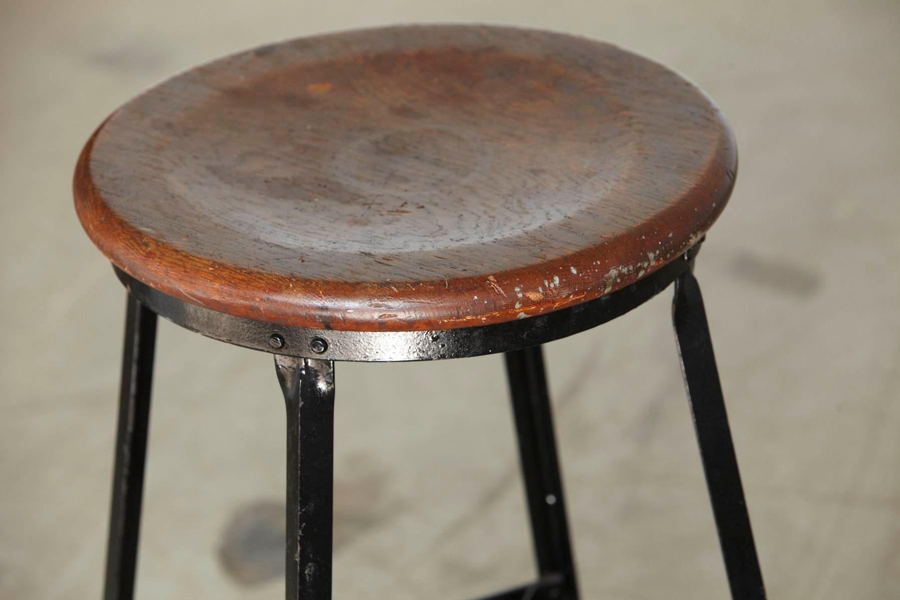Mid-20th Century Vintage Industrial Stool with Steel Frame and Oak Seat, circa 1940s