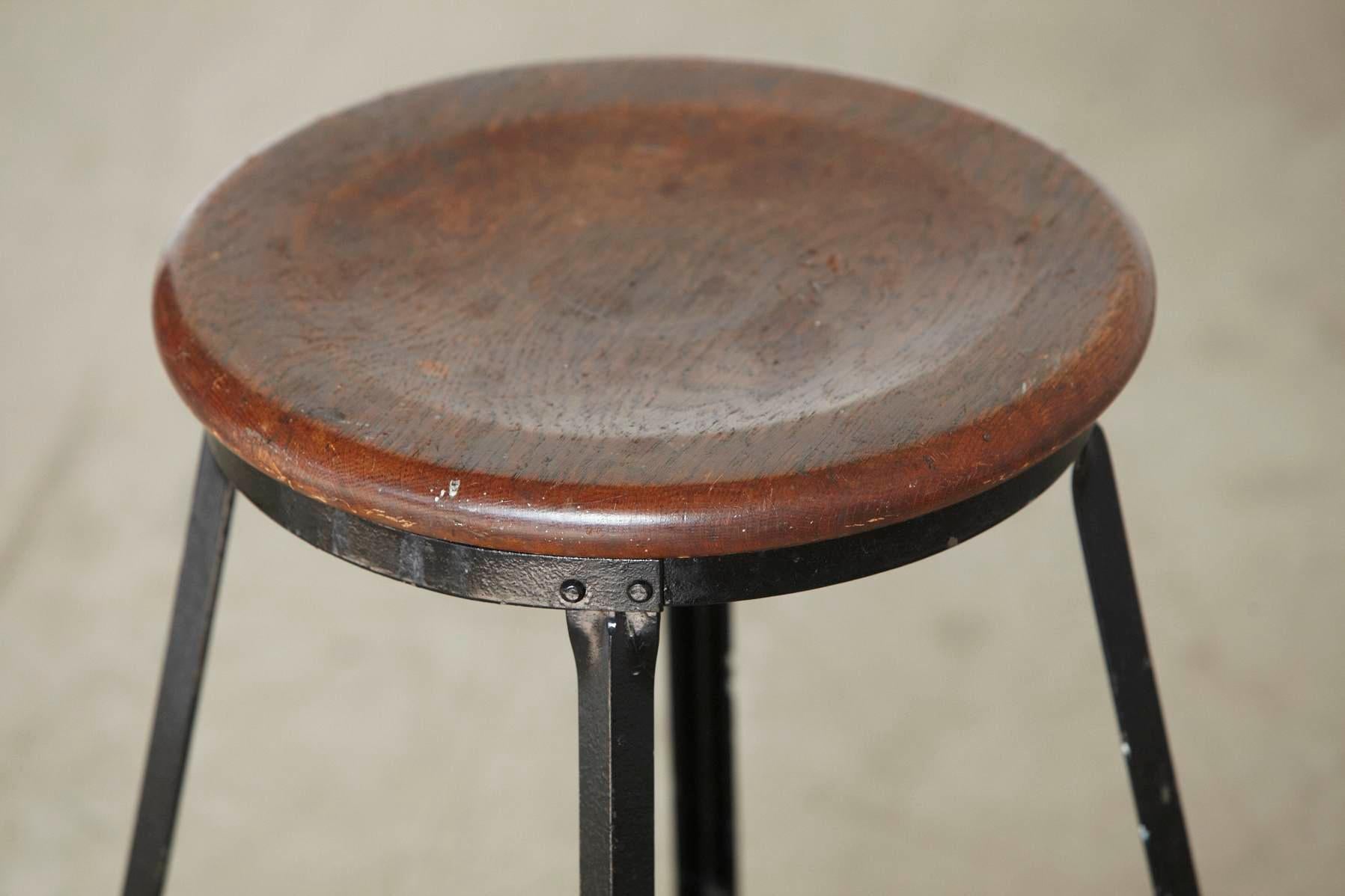 Iron Vintage Industrial Stool with Steel Frame and Oak Seat, circa 1940s