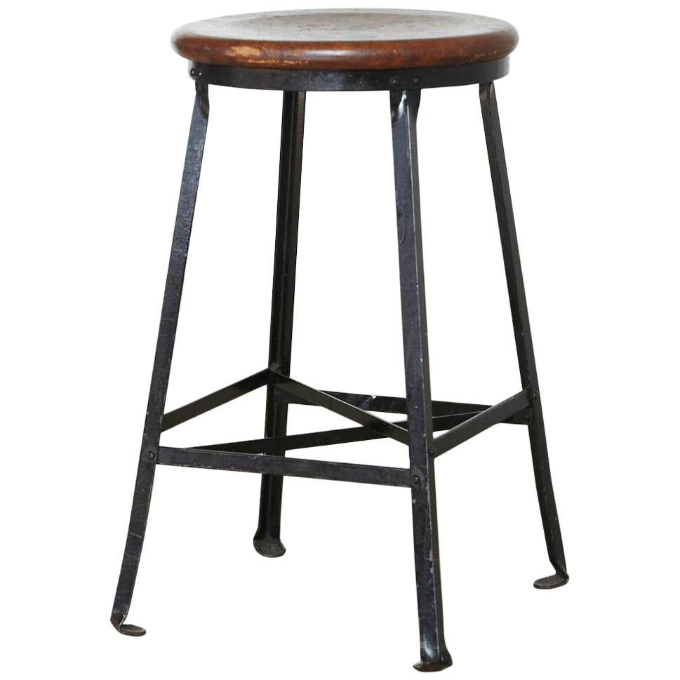 Vintage Industrial Stool with Steel Frame and Oak Seat, circa 1940s