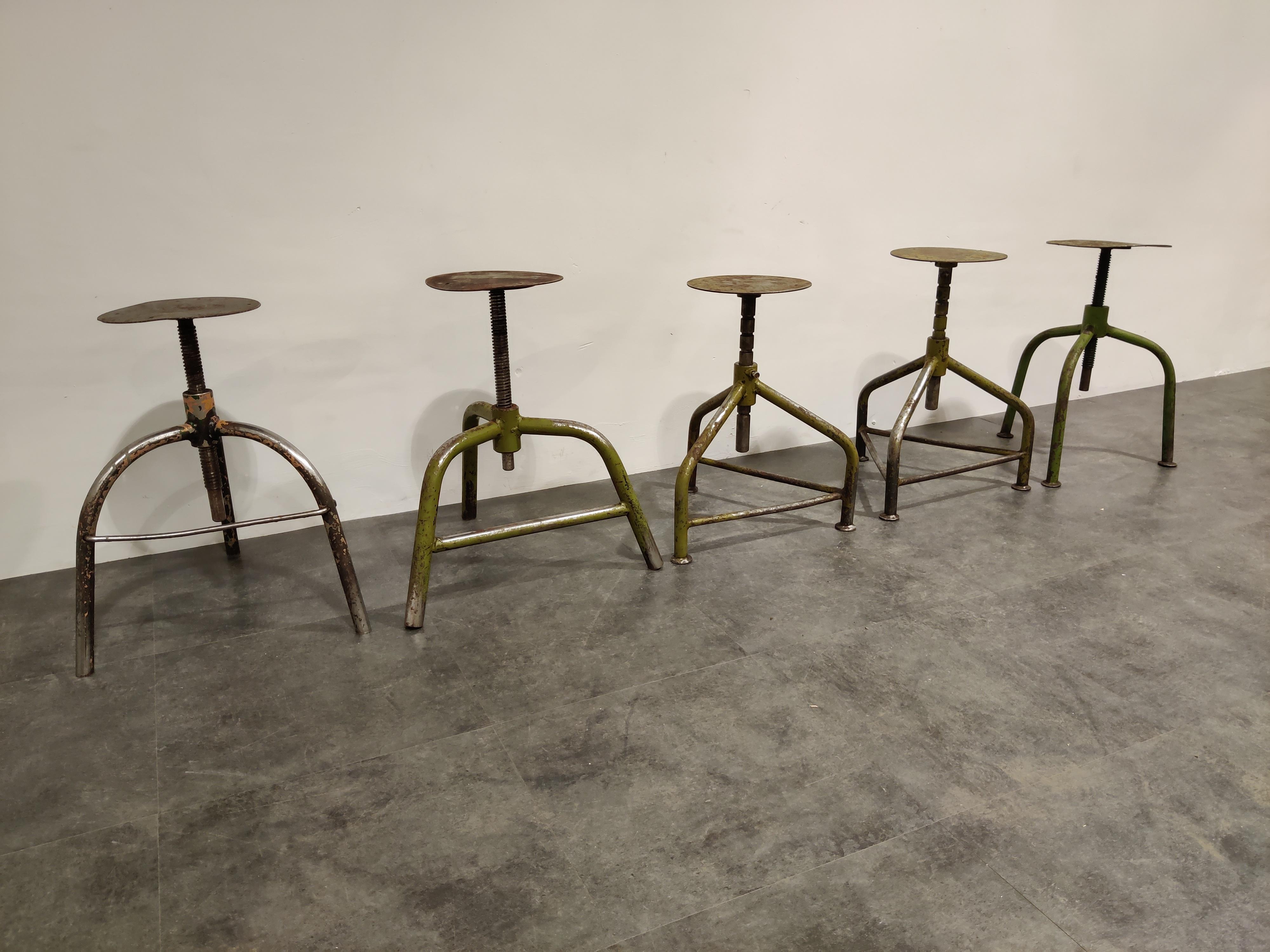 Nicely worn cast iron Industrial stools.

The stools have turnable seat mounted on a cast iron base.

The simple design makes them attractive.

The height of the stools can be adjusted.

1950s, Latvia

Measures: Height 40cm-70cm
Diameter