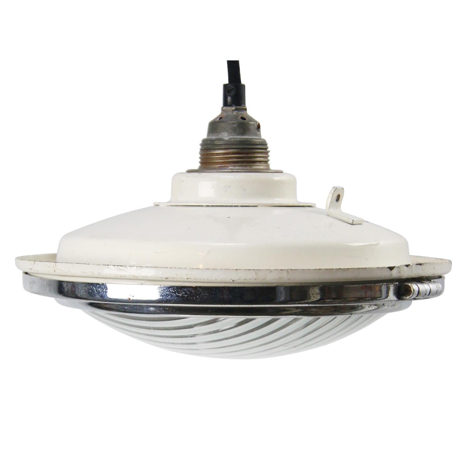Holophane glass pendant light
Clear striped glass

Previously used as flush mount in train compartment 

Weight: 1.60 kg / 3.5 lb

Priced per individual item. All lamps have been made suitable by international standards for incandescent light