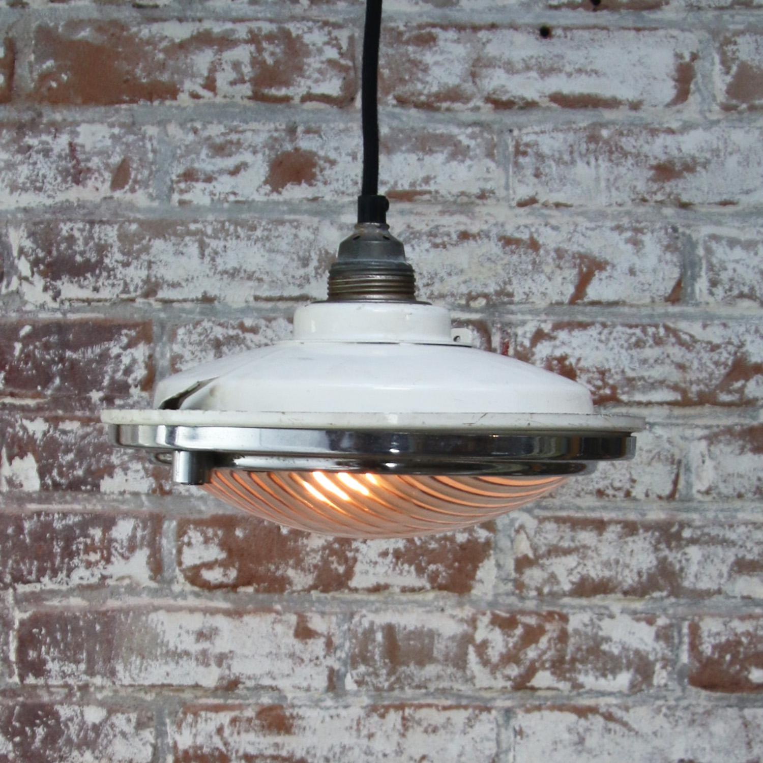 20th Century Vintage Industrial Striped Glass Train Pendant Lamp For Sale