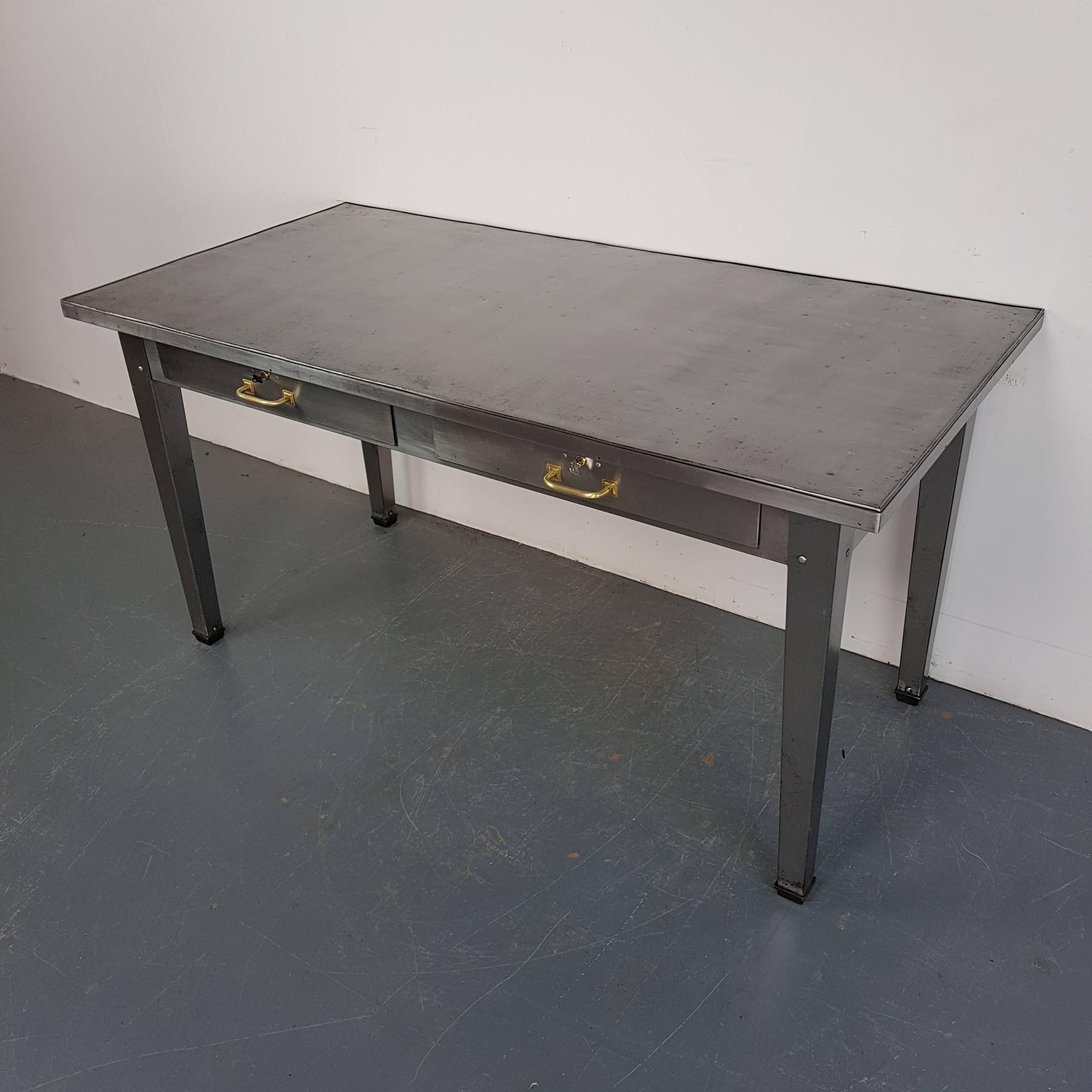 British Vintage Industrial Stripped and Polished Steel Table For Sale