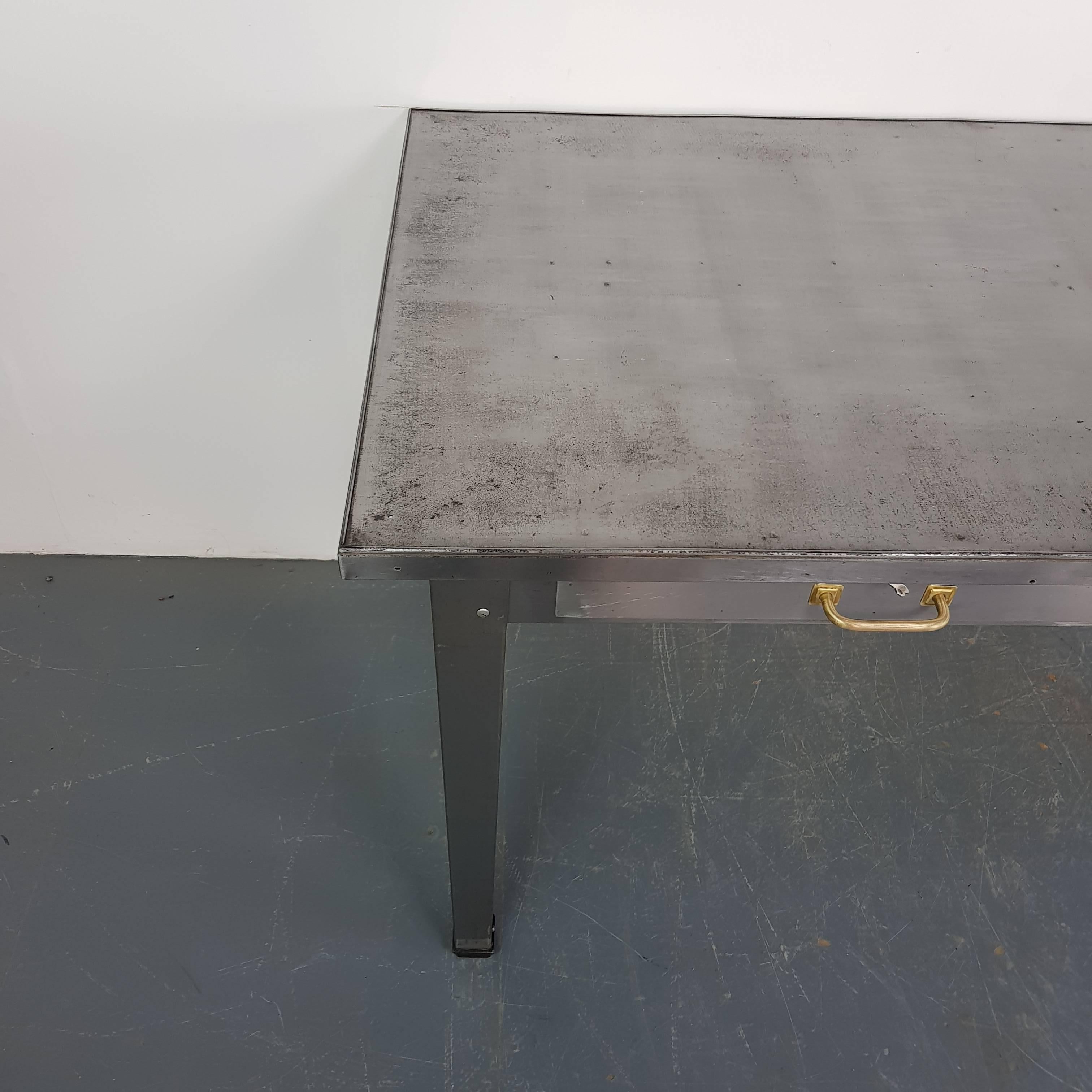 Vintage Industrial Stripped and Polished Steel Table In Good Condition For Sale In Lewes, East Sussex