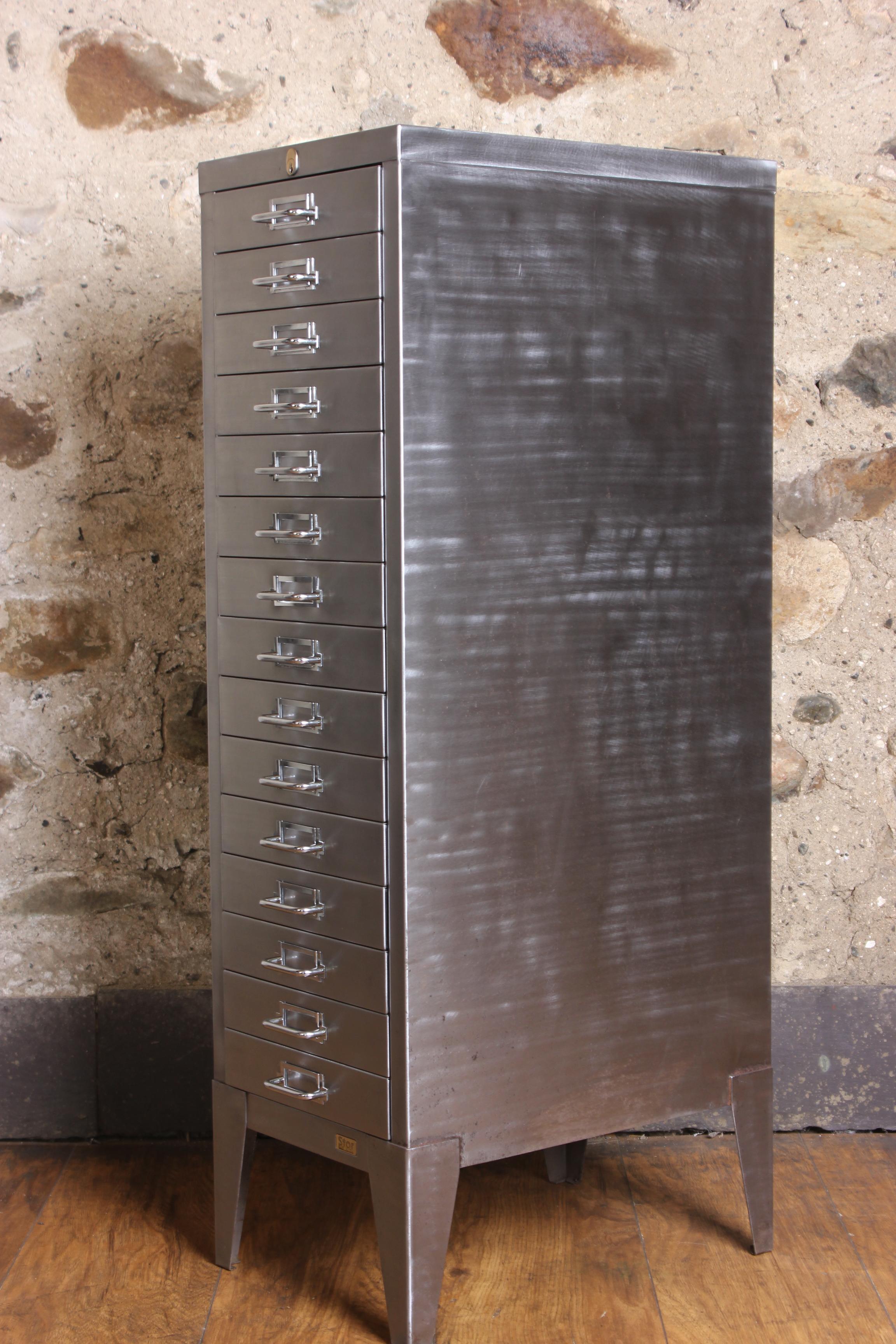 British Vintage Industrial Stripped Metal 15-Drawer Filing Cabinet